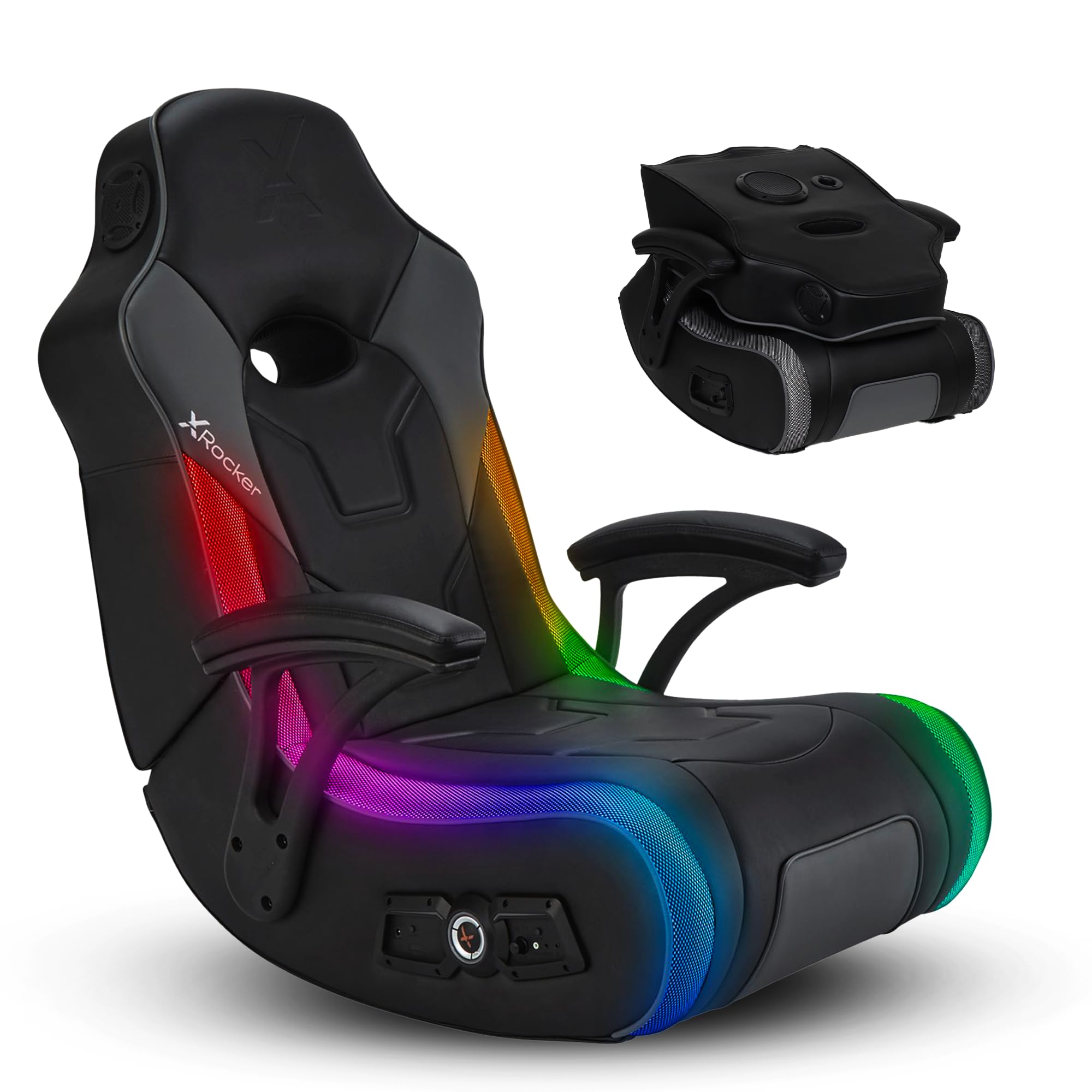 Photo 1 of X Rocker XL Floor Gaming Chair, Use with All Major Gaming Consoles, Mobile, TV, PC, Smart Devices, with Subwoofer, Headrest Mounted Speakers, Foldable G-Force RGB LED
