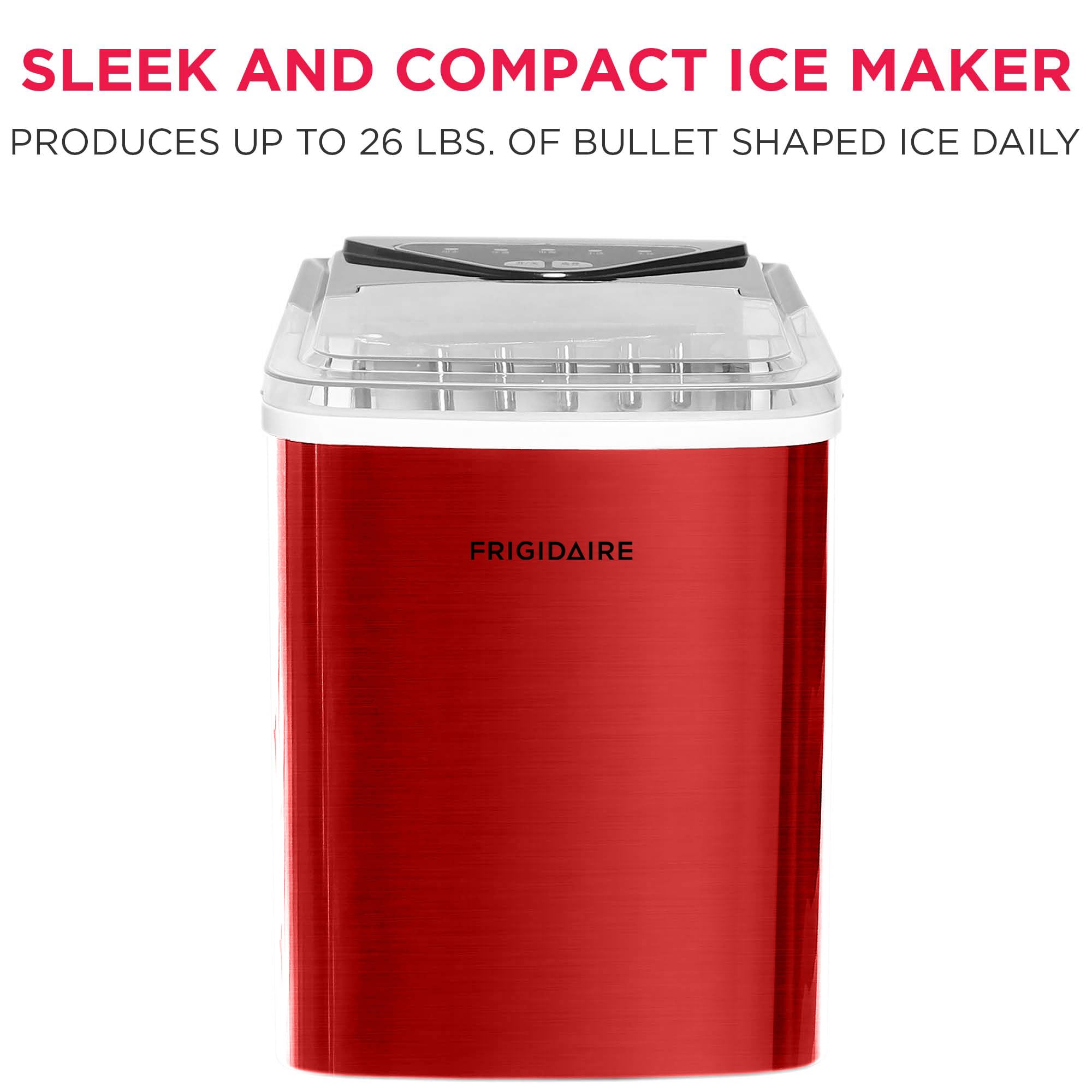 Frigidaire Compact Countertop Ice Maker, 26lbs of Ice per Day, Red Stainless on Fridge.com