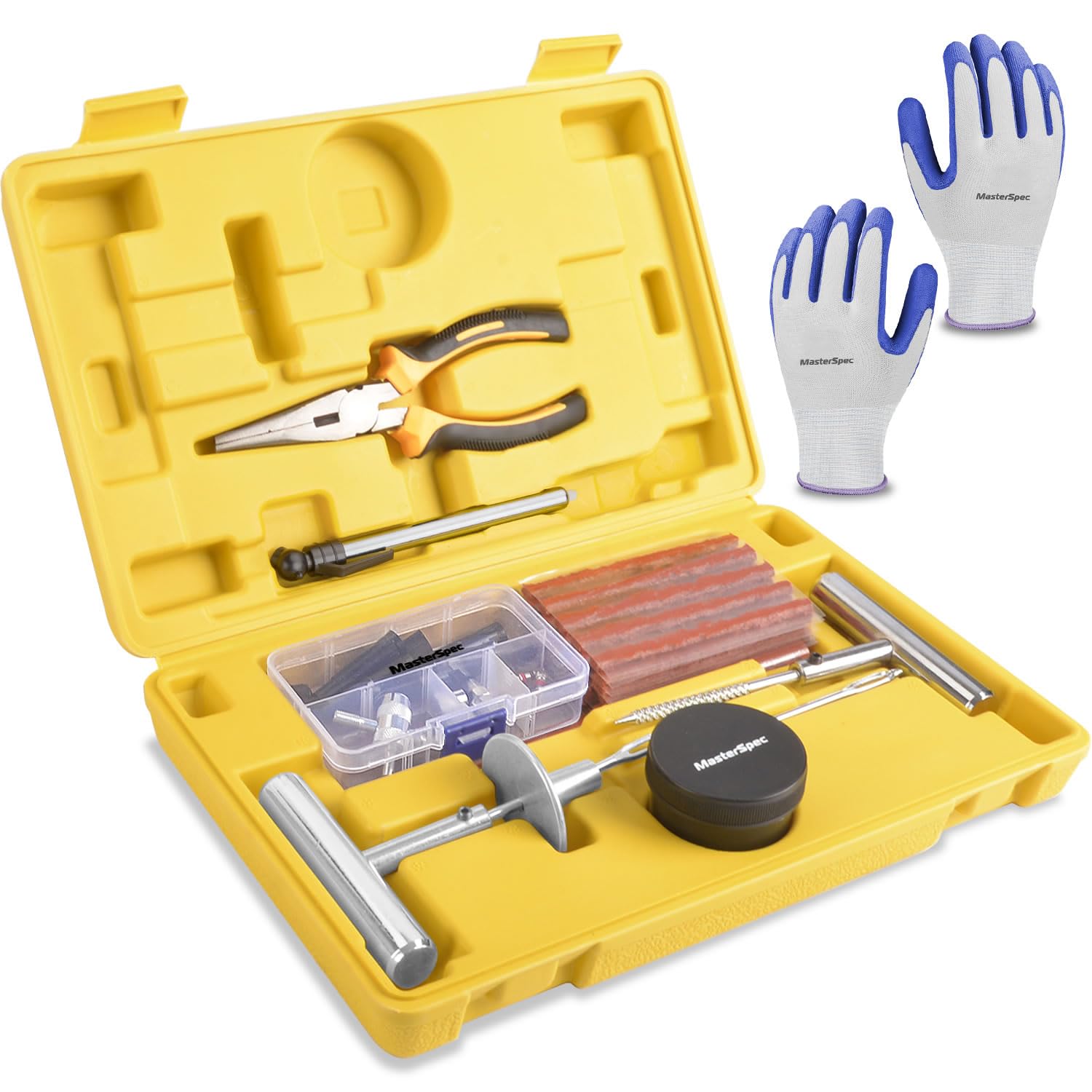 MasterSpec 64PCS Tyre Repair Kit Universal Flat Tyre Plug Tool Set Puncture Repair Kit Multifunctional Heavy Duty Tire Tube Recovery Universal Tire Plug Tools Kit with Storage Case