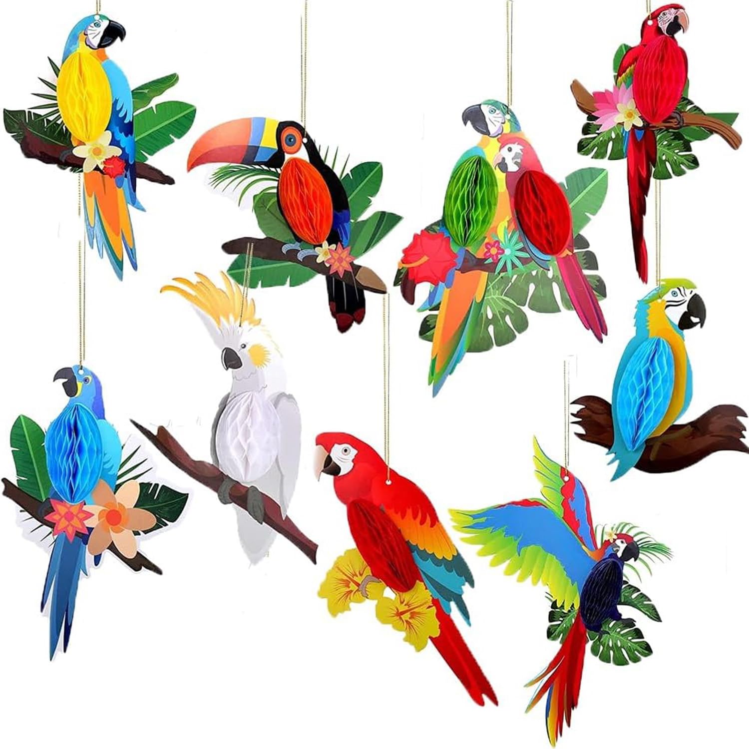 WUBAYI Paquete de 9 recortes de panal de abeja tropical 3D, accesorios colgantes de fiesta hawaiana para decoración de playa Luau, aula de safari y temática de selva