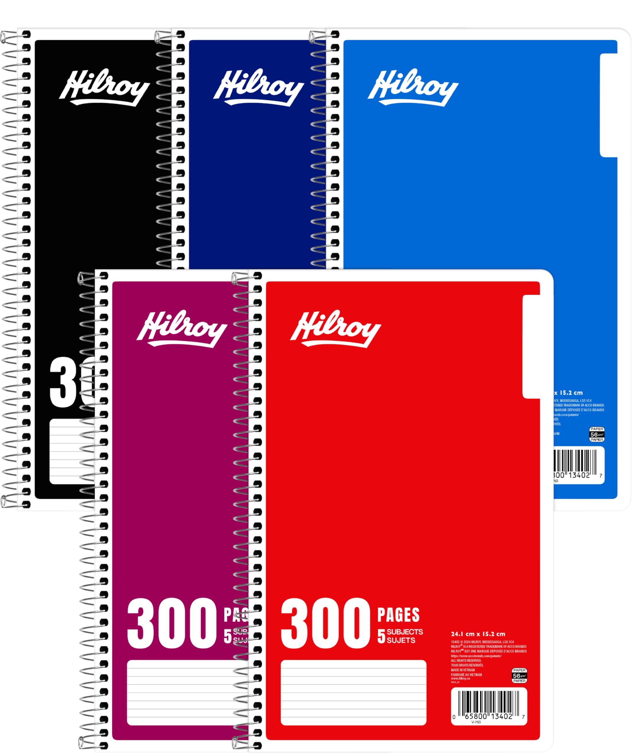 Hilroy 5-Subject Coil Notebook, 6" x 9.5", Wide Ruled, 300 Pages/150 Sheets, 1 Notebook, Colour May Vary (13402) image 1