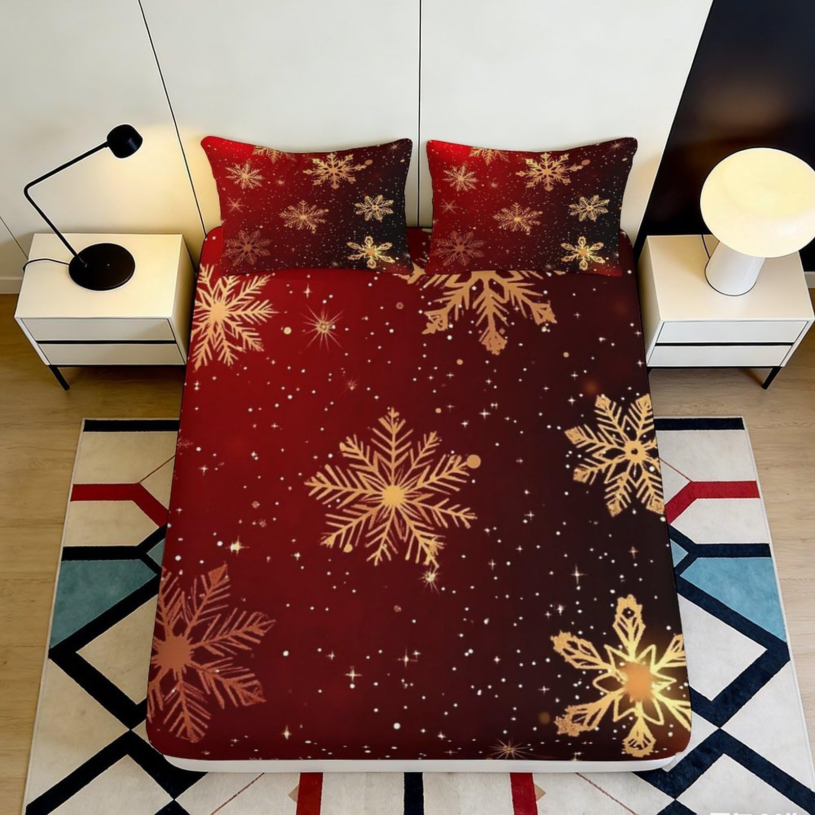 3D Printed Red Snowflake Fitted Sheet Microfiber Soft Breathable Golden Star Mattress Cover for Bedroom Dormitory Guest Room Mattress Protection Decor 120x200x25cm