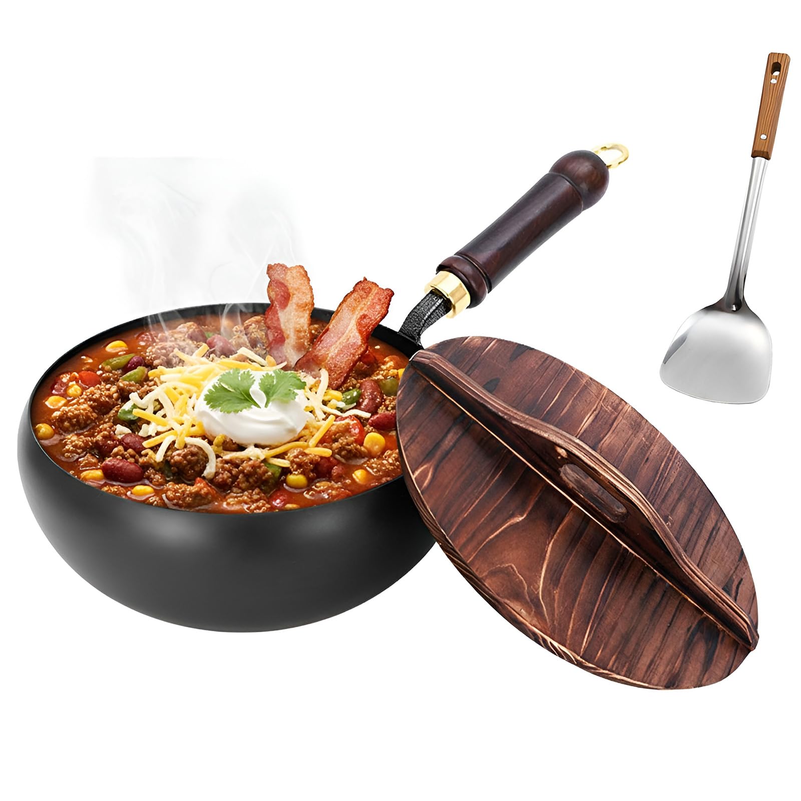 żeliwna Patelnia Z Pokrywką, Ręcznie Kuta Niepowlekana Patelnia Z żelaza, Naturalnie Nieprzywierająca, Drewniana Rączka, Do Płyt Gazowych I Indukcyjnych Wooden lid