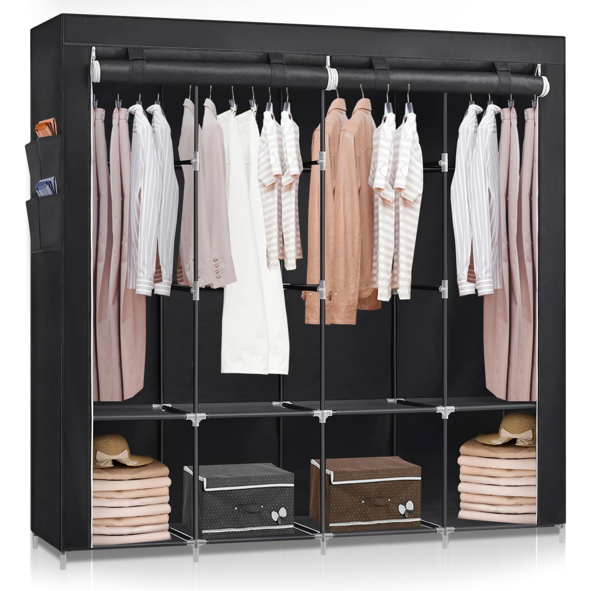 JUPPLIES Stoffkleiderschrank 45x150x175 cm – Faltbarer Kleiderschrank mit Kleiderstange, Regalen und Seitentaschen – Stoffschrank für Schlafzimmer, Leicht & Stabil