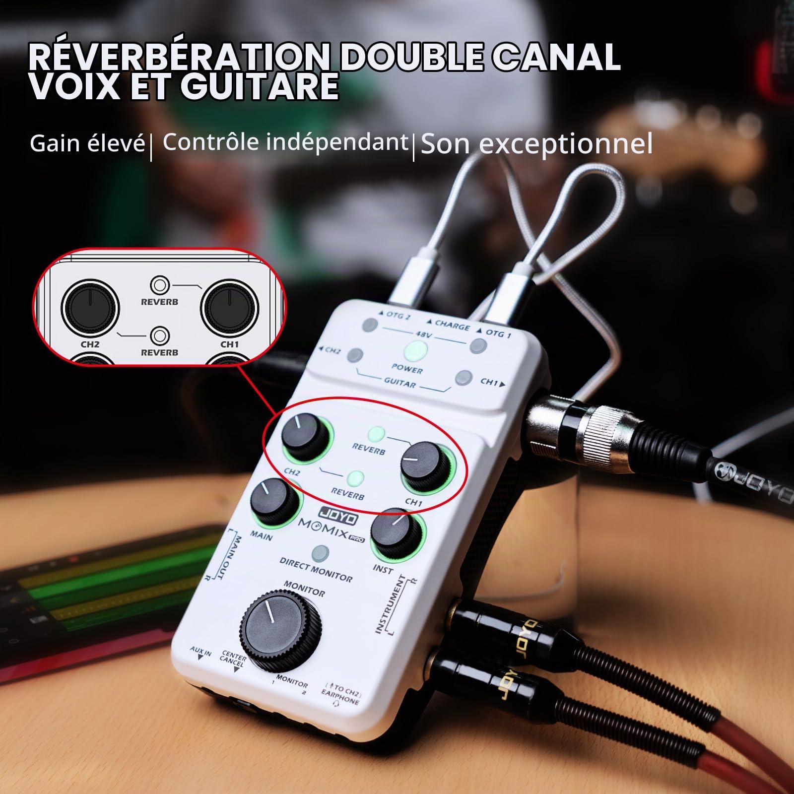 JOYO Mélangeur audio Interface audio USB Stéréo XLR + Mélangeur d'alimentation fantôme 48 V pour enregistrement en streaming en direct Podcasting Plug & Play (MOMIX PRO)