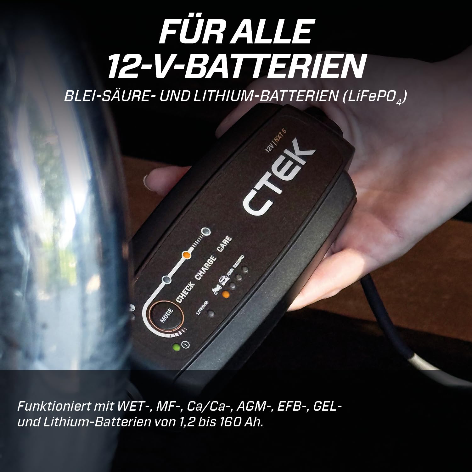CTEK NXT 5 Smart-Batterieladegerät 12 V, 5 A, kompatibel mit Blei-Säure- und Lithium-Batterien, Rekonditionierungsmodus, AGM-Optimierung, Temperaturkompensation, praktischer Batterie-Wartungsgerät
