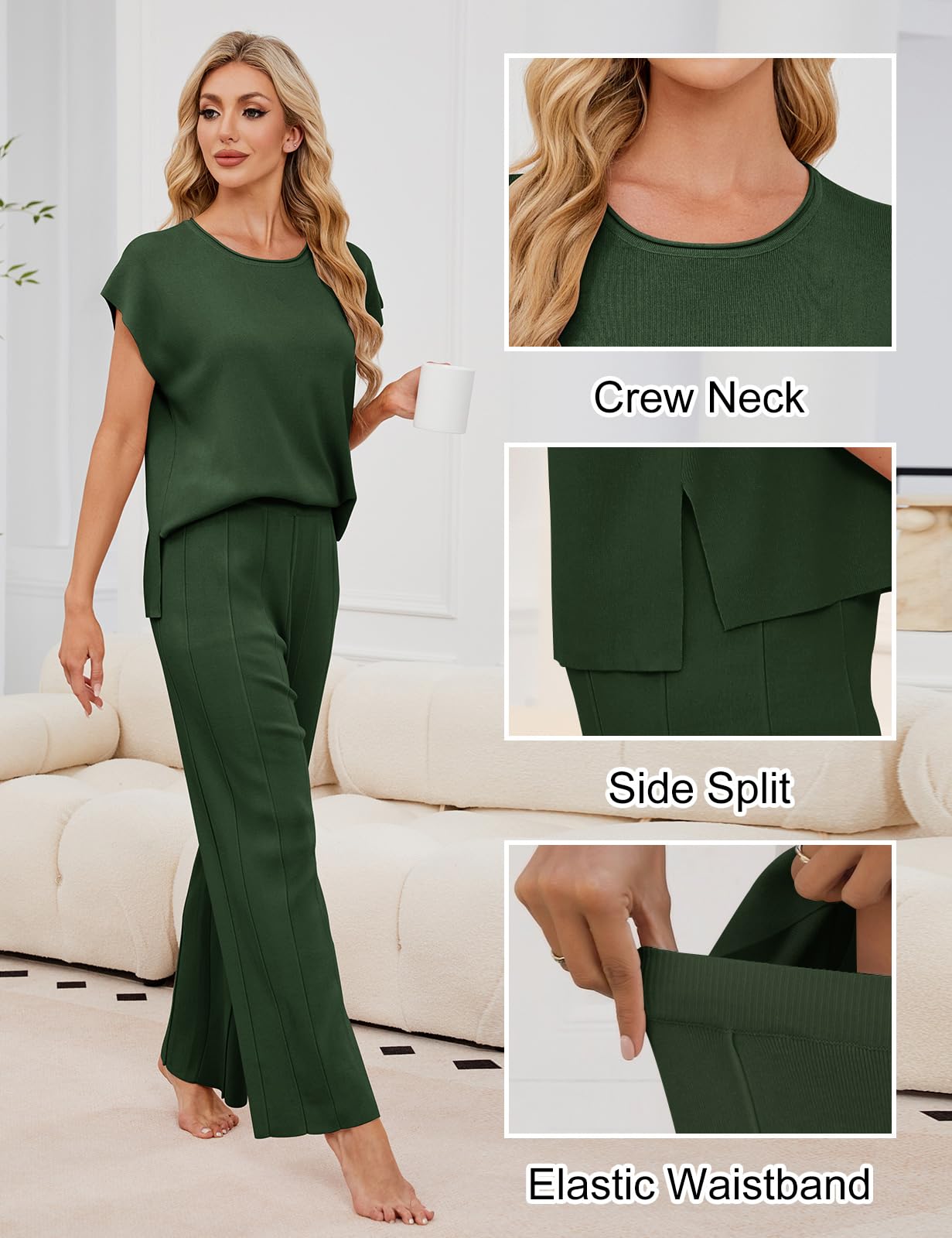 Conjunto Punto Mujer 2 Piezas Ropa Verano Casual Cuello Redondo Tops Manga Corta de Punto y Cómodo Pantalon Suelto Moda Conjuntos Loungewear Deportivo