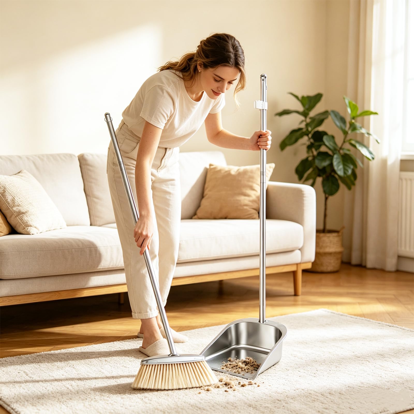 RANJIMA Juego de escoba y recogedor, 118 cm, de acero inoxidable, con pala, ajustable, de alta eficiencia, con pala para el hogar, cocina, oficina, calle
