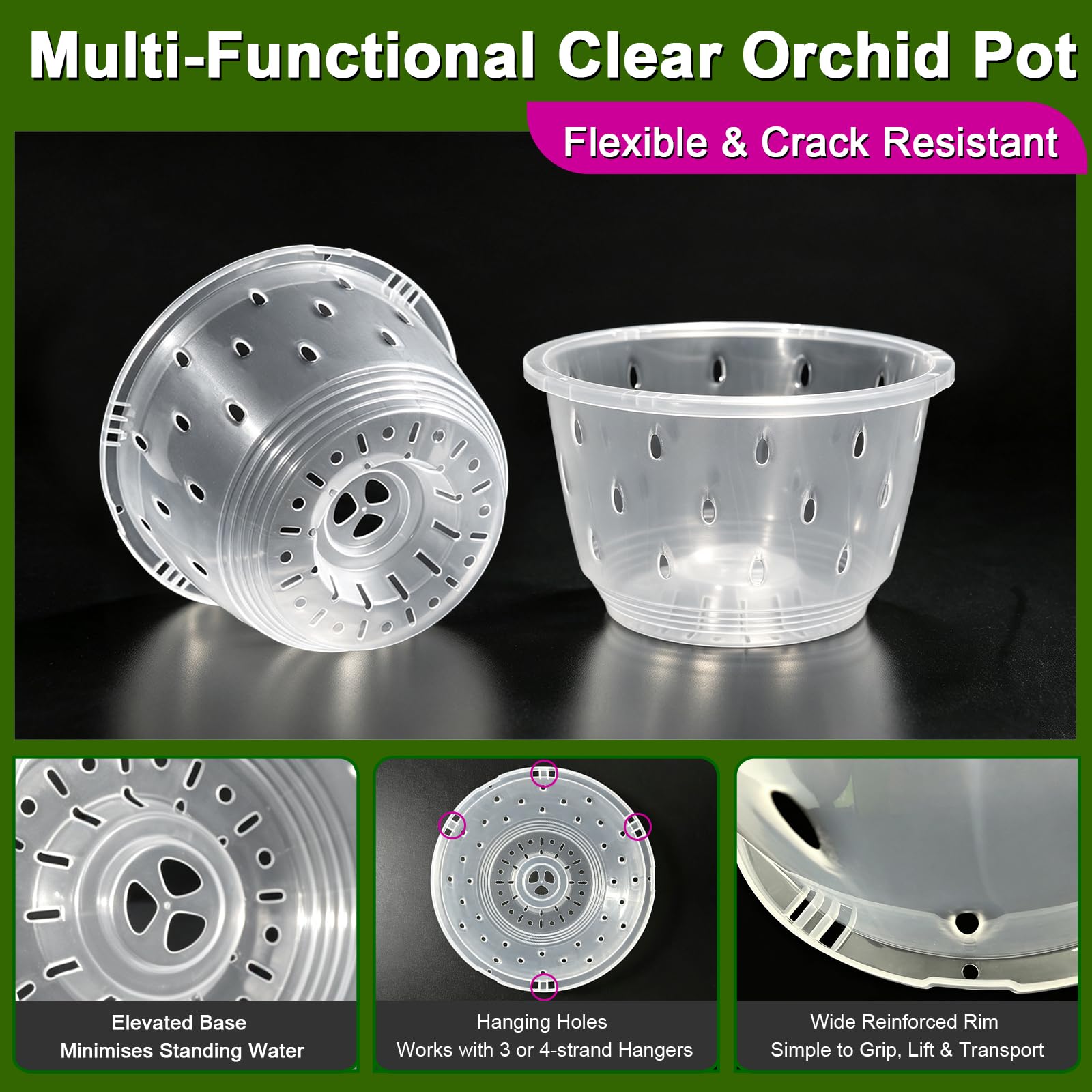 Lot de 12 pots à orchidées transparents de 20 cm avec trous, pots de fleurs en plastique transparent pour plantes et rempotage, pots de fleurs de jardin pour la maison et le bureau