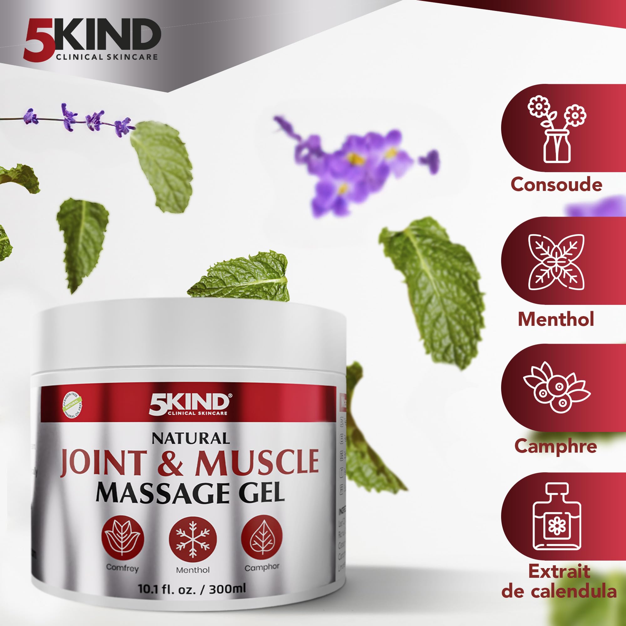 5kind Gel fraîcheur naturel articulation & muscle 300 ml - Crème calendula, camphre, consoude & menthol - Gel musculaire revitalisant puissant - Gel de massage dos, muscles, genoux, cou & épaules