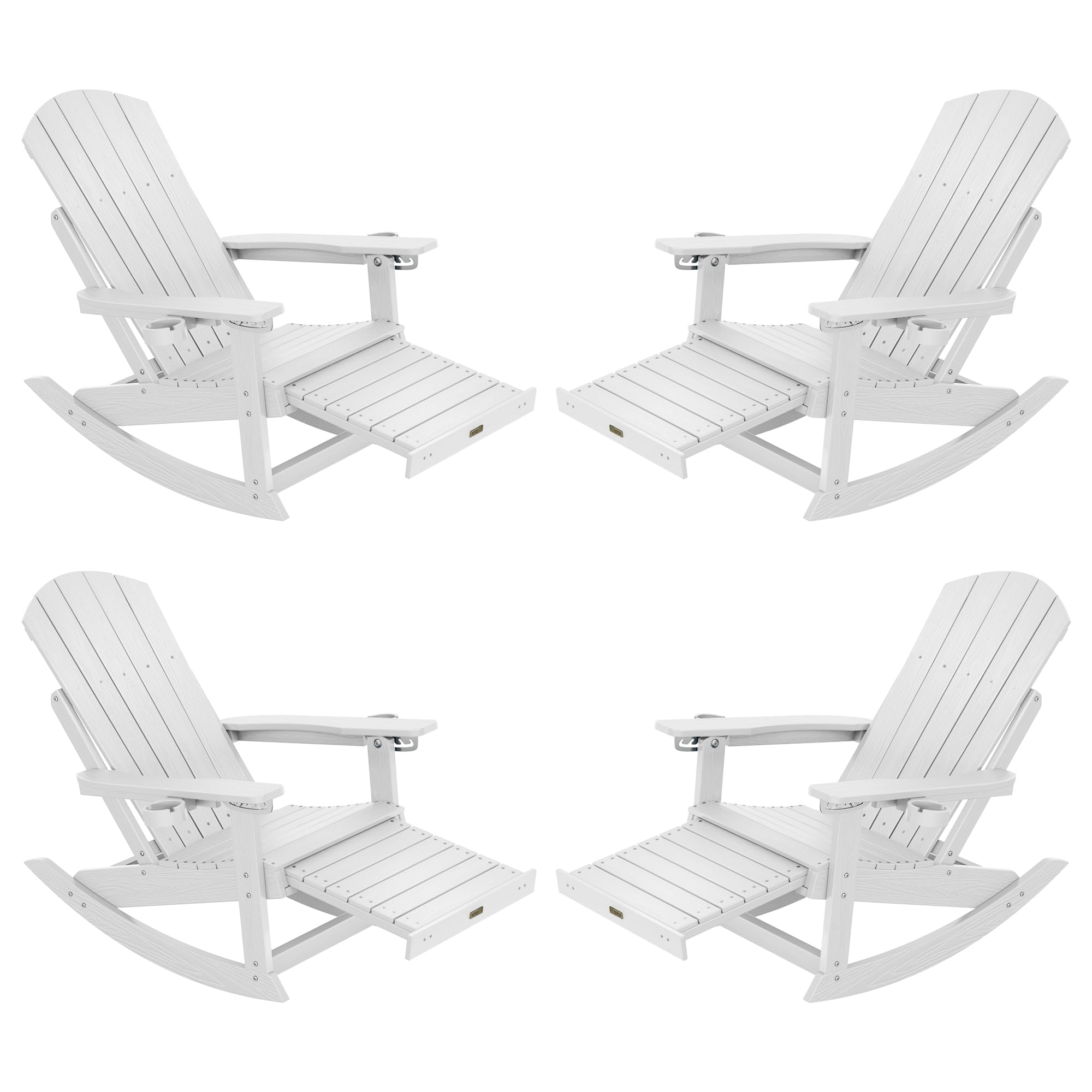 YEFU Adirondack Chairs Set of 4: Oversize Outdoor Rocking Chairs with Retractable Ottoman & 5-Level Adjustable High Back - Outdoor Rocker with 2 Cup Holders for Porch/Patio/Lawn/Gardens/White
