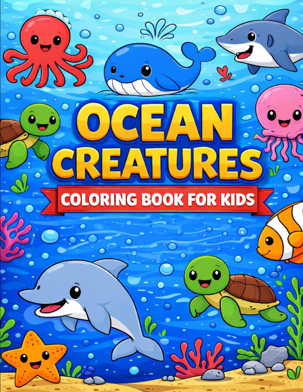 Ocean Creatures Coloring Book for Kids: Cute Sea Animals Coloring Pages for Ages 3 to 6 Easy & Fun Underwater Adventures