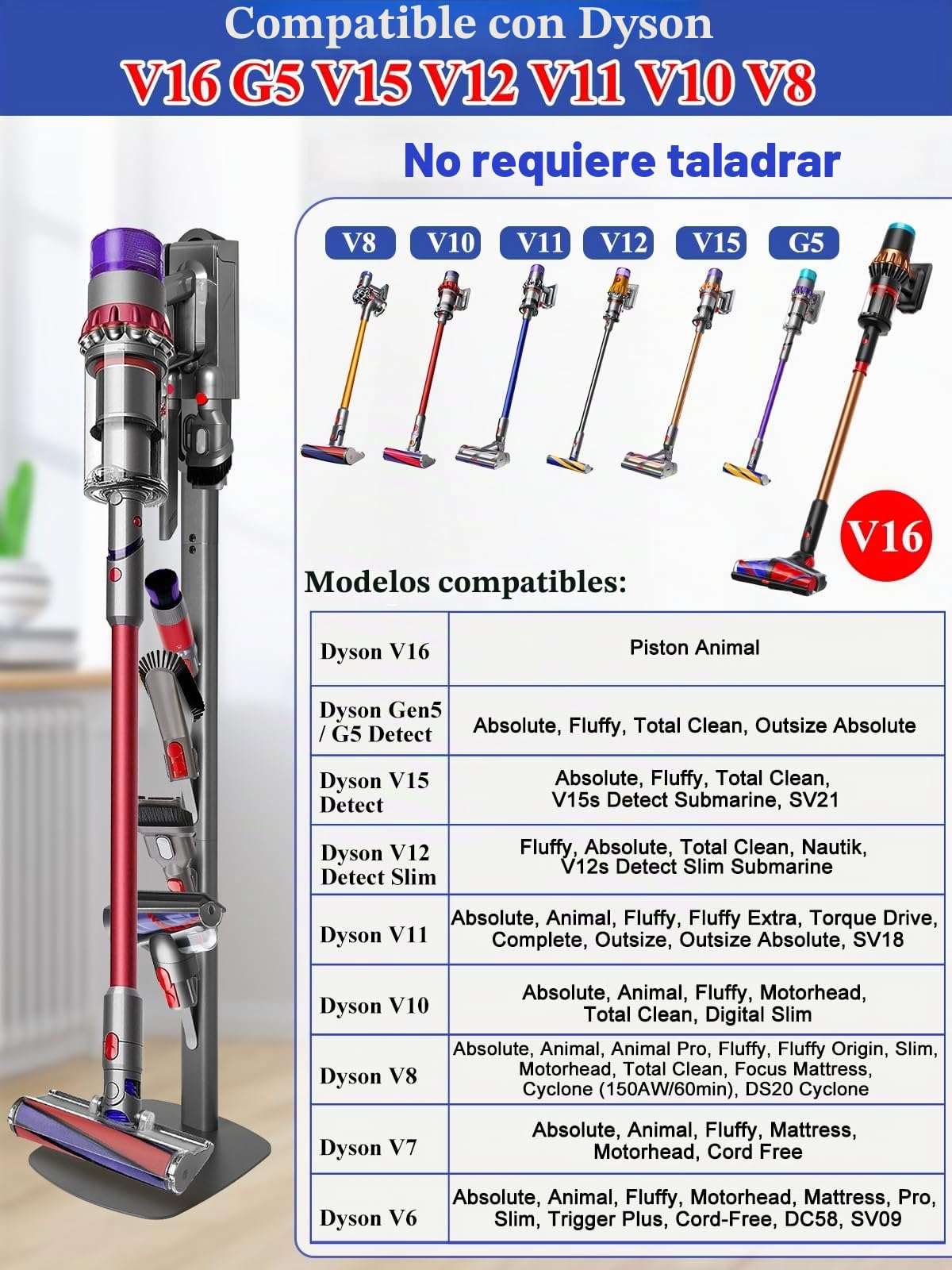 Soporte para aspiradora, compatible con Dyson Gen5, V15, V12, V11, V10, V8, V7, V6, soporte de suelo de metal con 4 ganchos, base estable, soporte sin taladros para almacenamiento de accesorios | Soporte de suelo de metal con 4 ganchos, sin taladrar, tamb