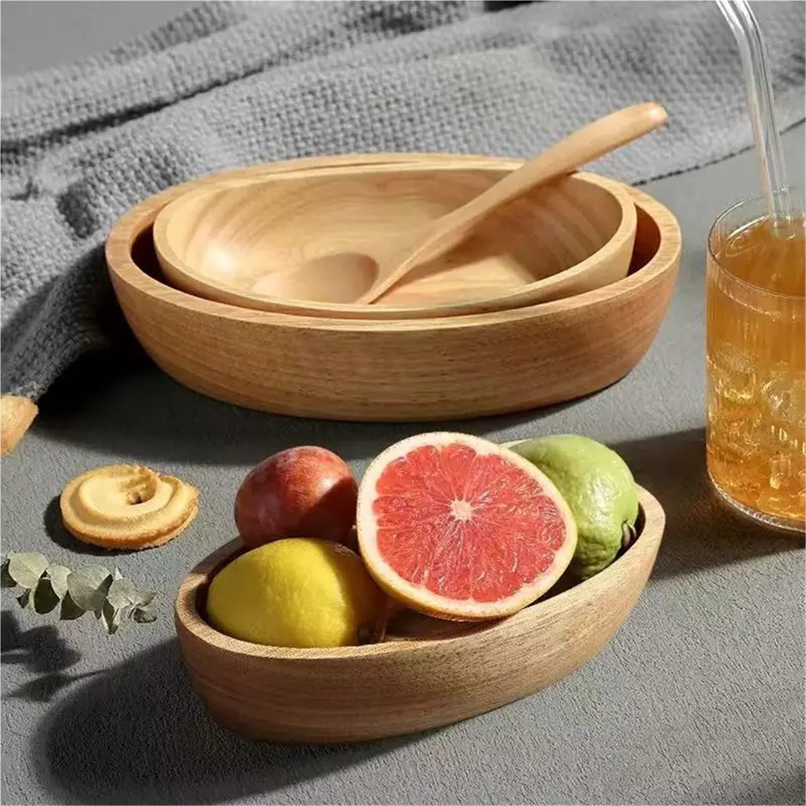Frutero Madera Ensaladera de madera maciza gruesa con forma barco, cuenco grande for frutas y postres, vajilla(20x4.5cm)