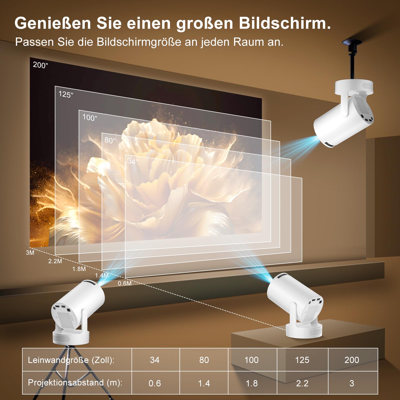 Videoproiettore portatile 2025, mini proiettore supporta 4K 1080P con WiFi 6 e Bluetooth 5.4 Android 11.0 180° rotazione 12000 lumen, altoparlante HiFi 5W integrato Home Cinema,bianco
