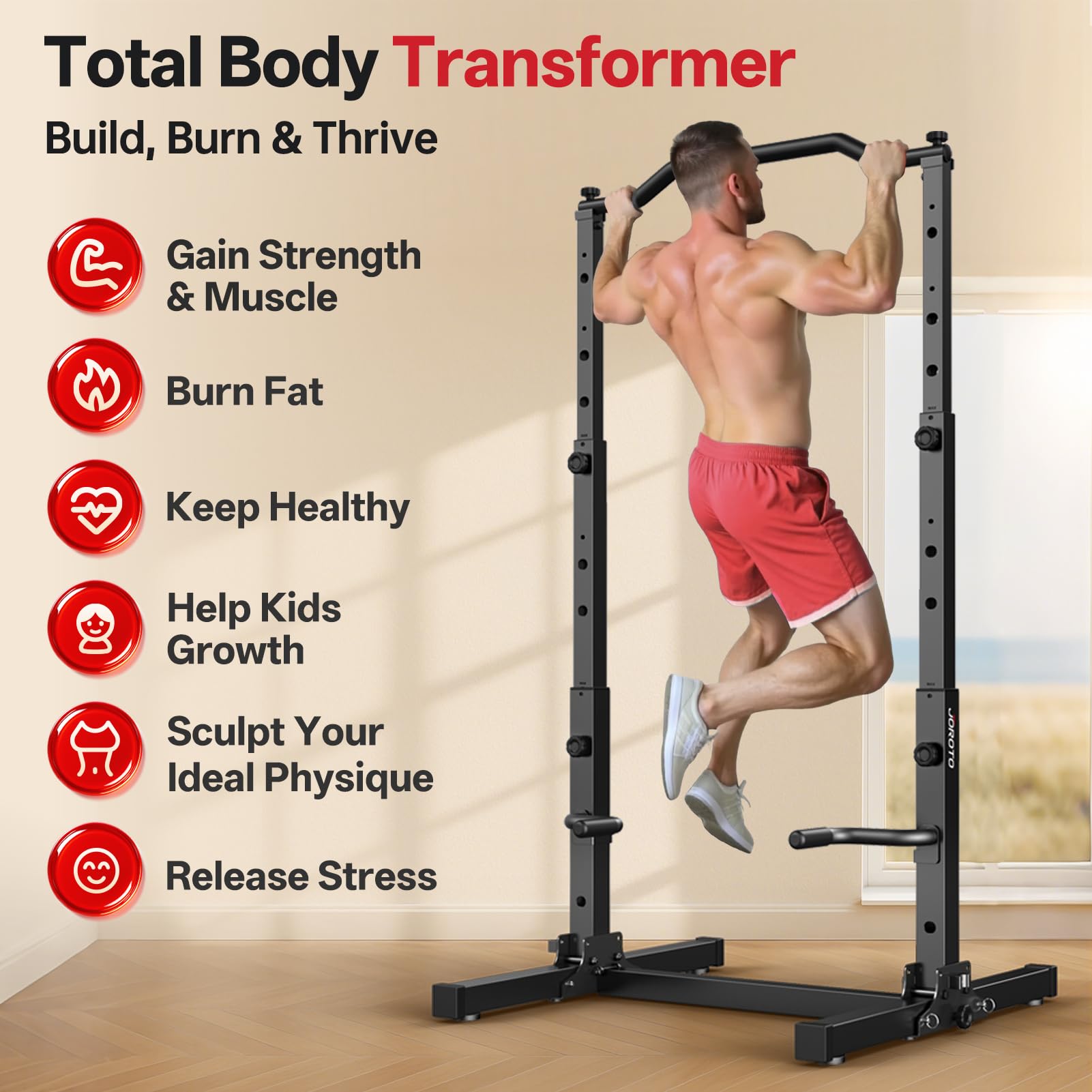 JOROTO Plegable Power Tower Dip Station, Altura Ajustable Estación de Dominadas Independiente, 5 en 1 Estación de Fondos Multifuncional Home Gym Pull Up Station, 172KG Capacidad