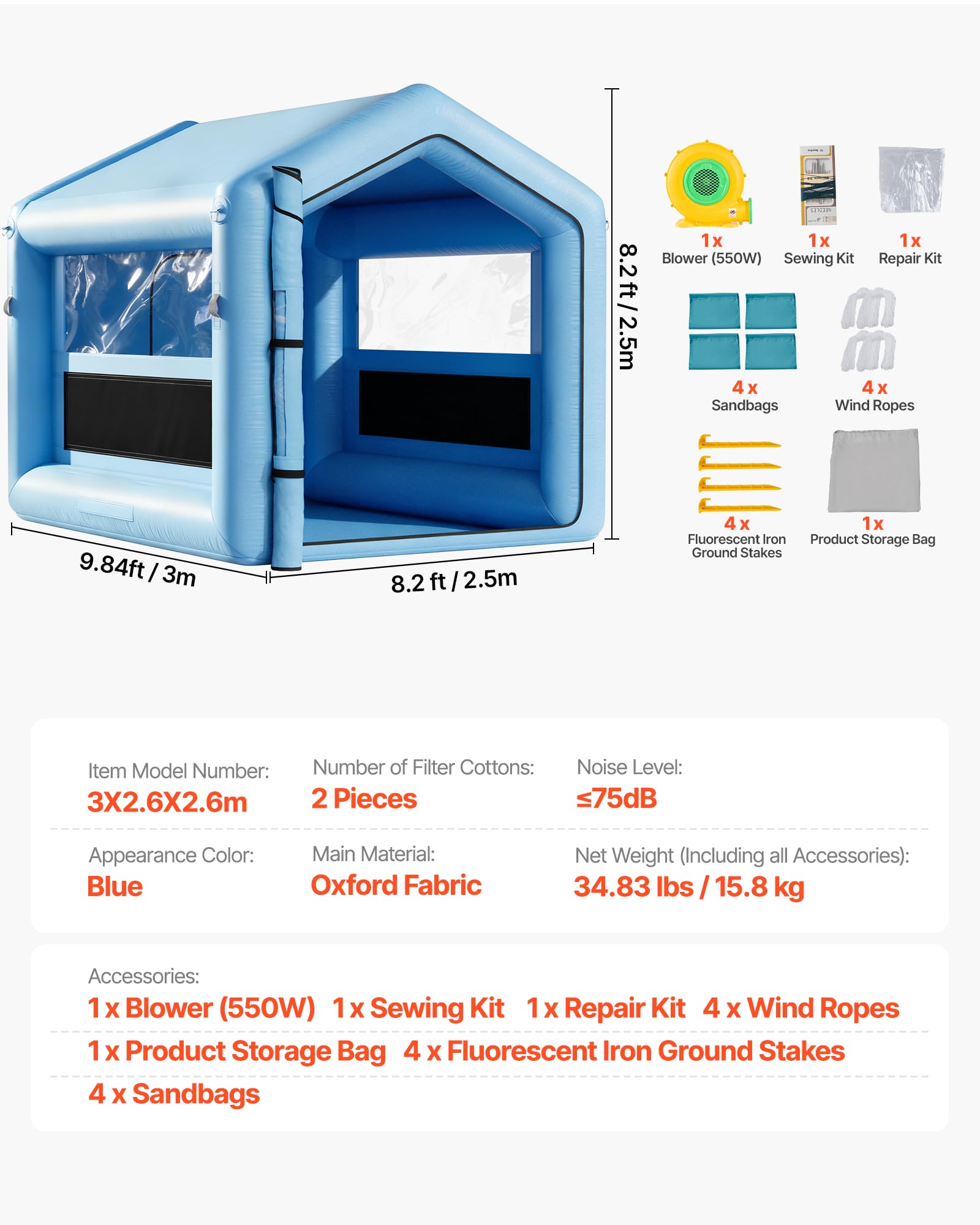 VEVOR aufblasbare Lackierkabine Spritzkabine 3 x 2,5 x 2,5 m 550 W Gebläse Luftfiltersystem 210D Oxford-Gewebe Blau