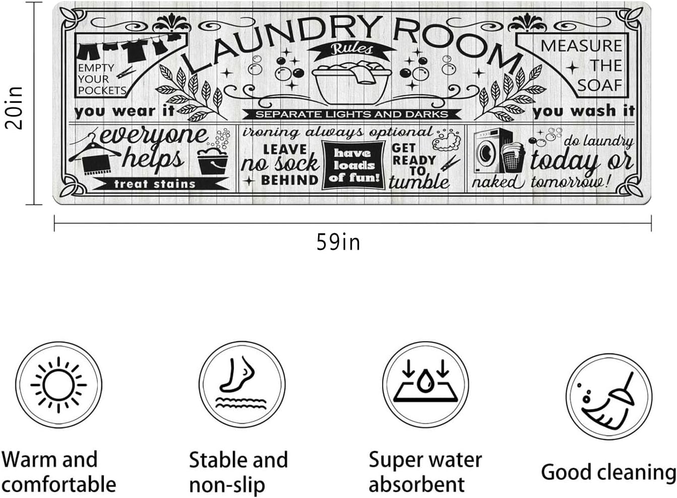 Laundry Room Rules Rug - Farmhouse Kitchen Floor Mat -Laundry Room Rug- Runner Decor -Washable Floor Carpet for Washroom Mudroom Kitchen Bathroom Hallway-20 x 59