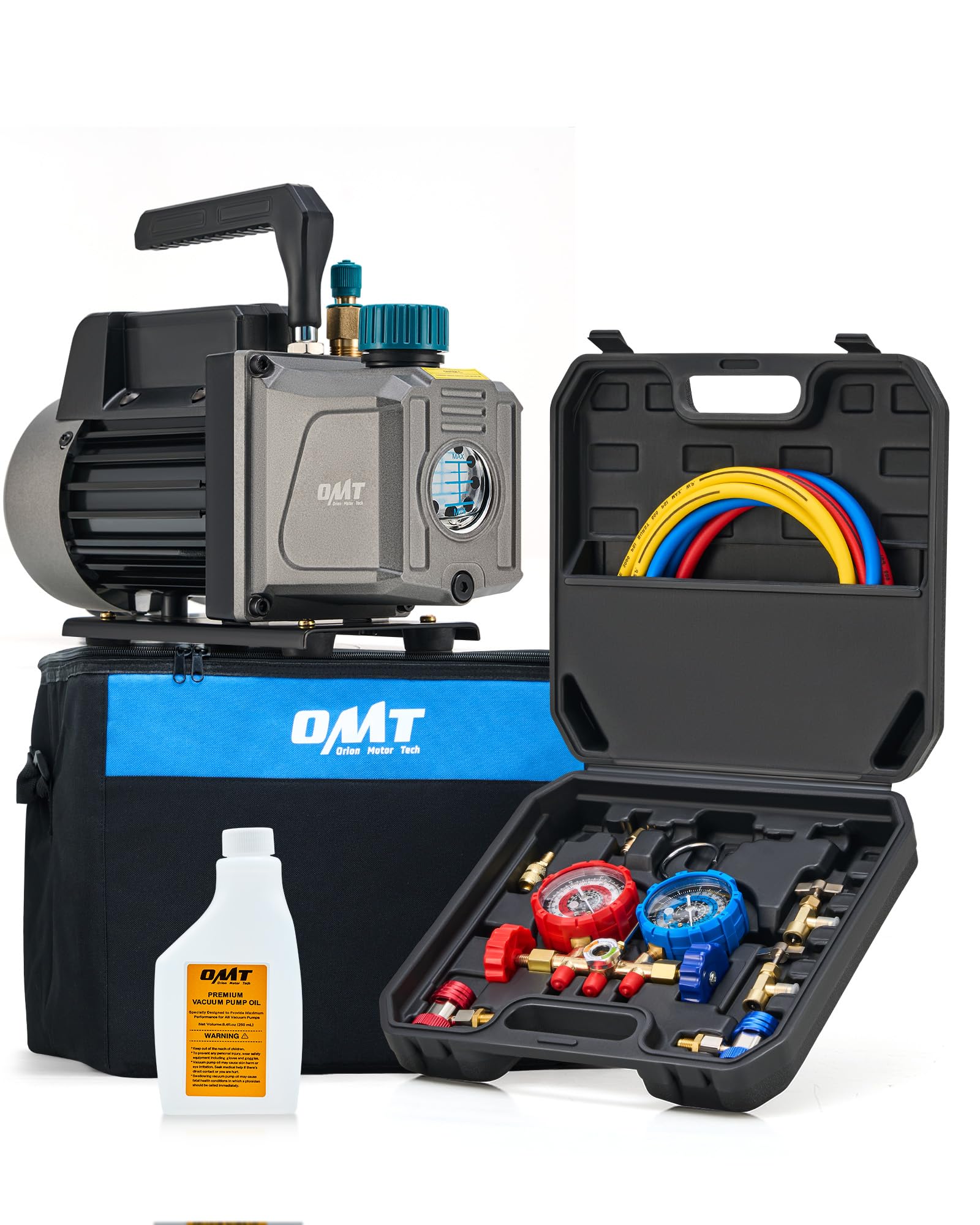 Orion Motor TechAC Vacuum Pump and Gauge Set, 1/4 hp 3.5 cfm Vacuum Pump Manifold Gauge Kit with 3 Hoses Adapters & Accessories for R134a R12 R22 R502, A/C Vacuum Pump Kit for Auto HVAC Systems