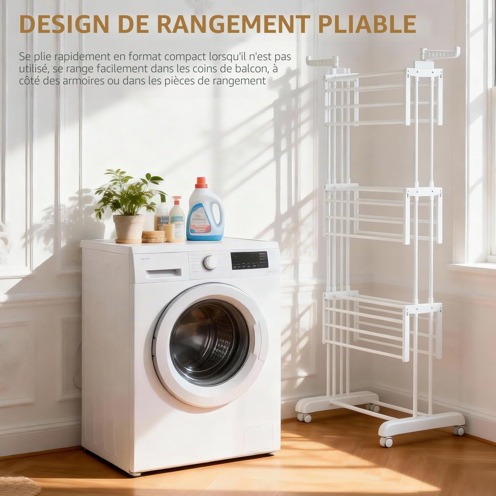 Étendoir à Linge 3 ÉTAGES Extensible & Pliable (66-130 CM) - Compact, 40 kg Capacité pour Petits Espaces,Blanc