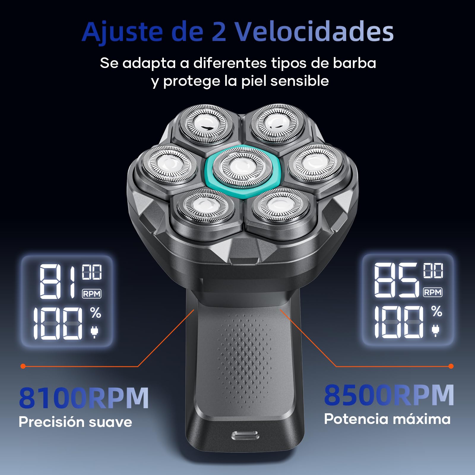 kensen Afeitadora Cabeza Hombre, Maquina Afeitar Hombre para Calvo, 7D Cabezales Maquina para Afeitar Cabeza en Seco y Húmedo con Pantalla LED, 100 mins Uso, IPX6 Impermeable, USB-C, 8100/8500RPM