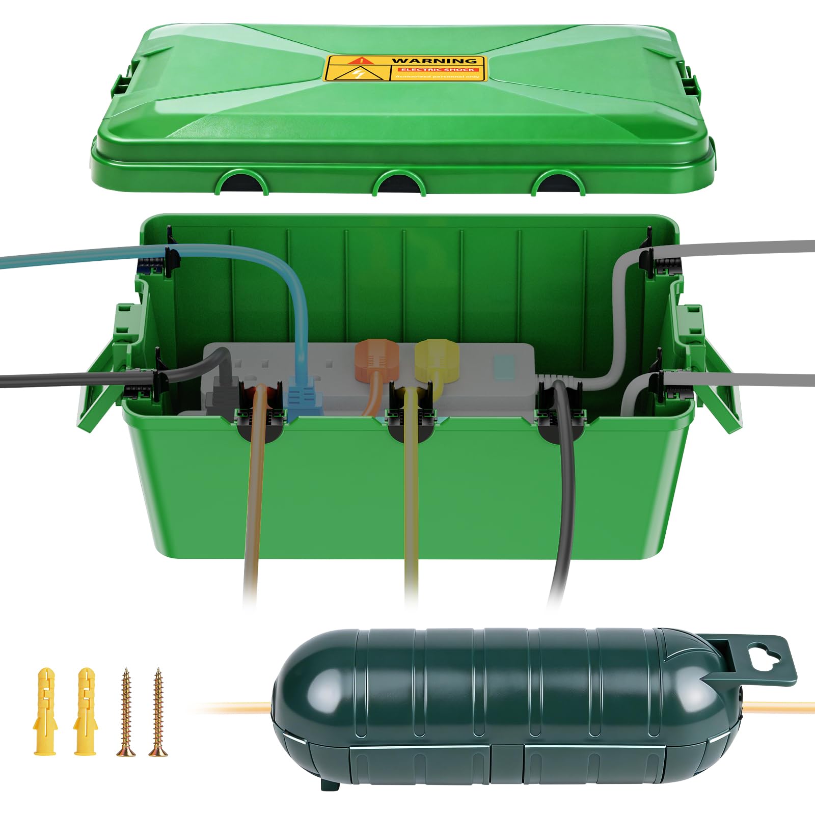Preciva Outdoor Electrical Waterproof Box, IP54 Extension Lead Box Large & Small Size with 9 Cable Ports, Extension Cord Cover for Garden, Patio, Plugs & Timers, Shed, Garage(Green) — image 1