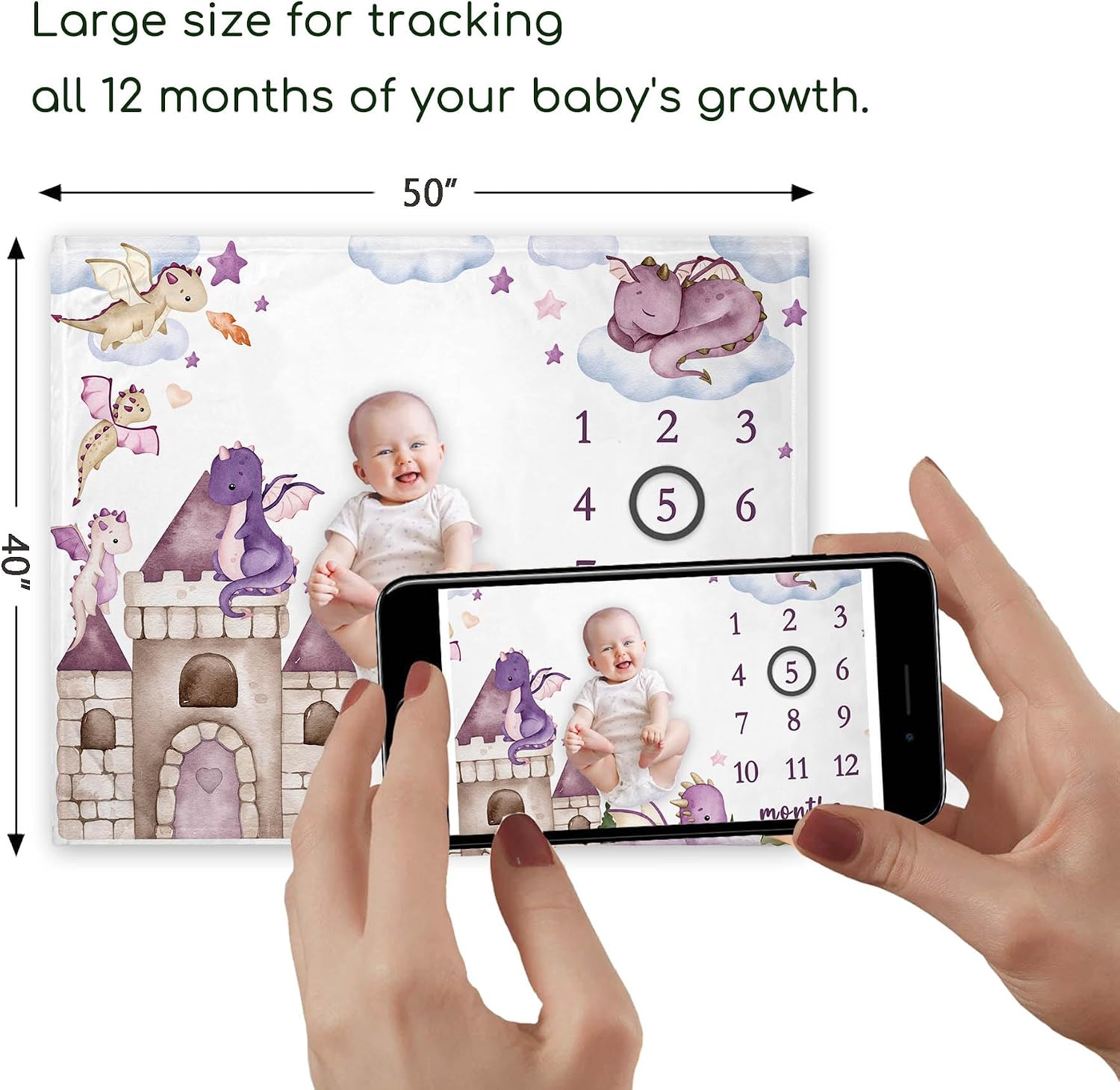 Yuzioey Dragon Girl Milestone Blanket, Dragon Fairy Tale Baby Growth Chart Monthly Blanket, Watch Me Grow Purple Dragon Baby Nursery for New Moms Shower(50"x40")