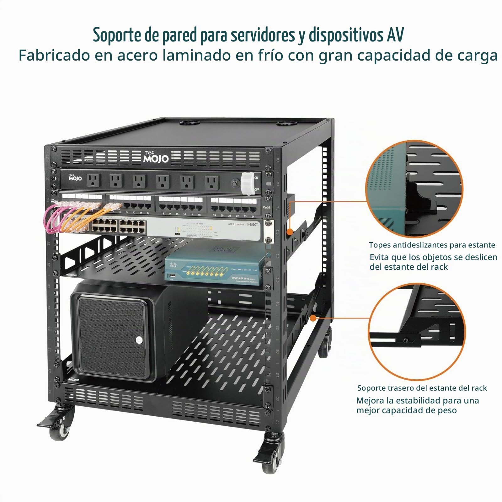 Tecmojo 19 Pulgadas 12U Open Frame 19" Rack de Red, Montaje en Suelo o en Pared, Armario de Red de 4 Postes con Ruedas, con 2 Estantes de 1U y Material de Montaje,Negro
