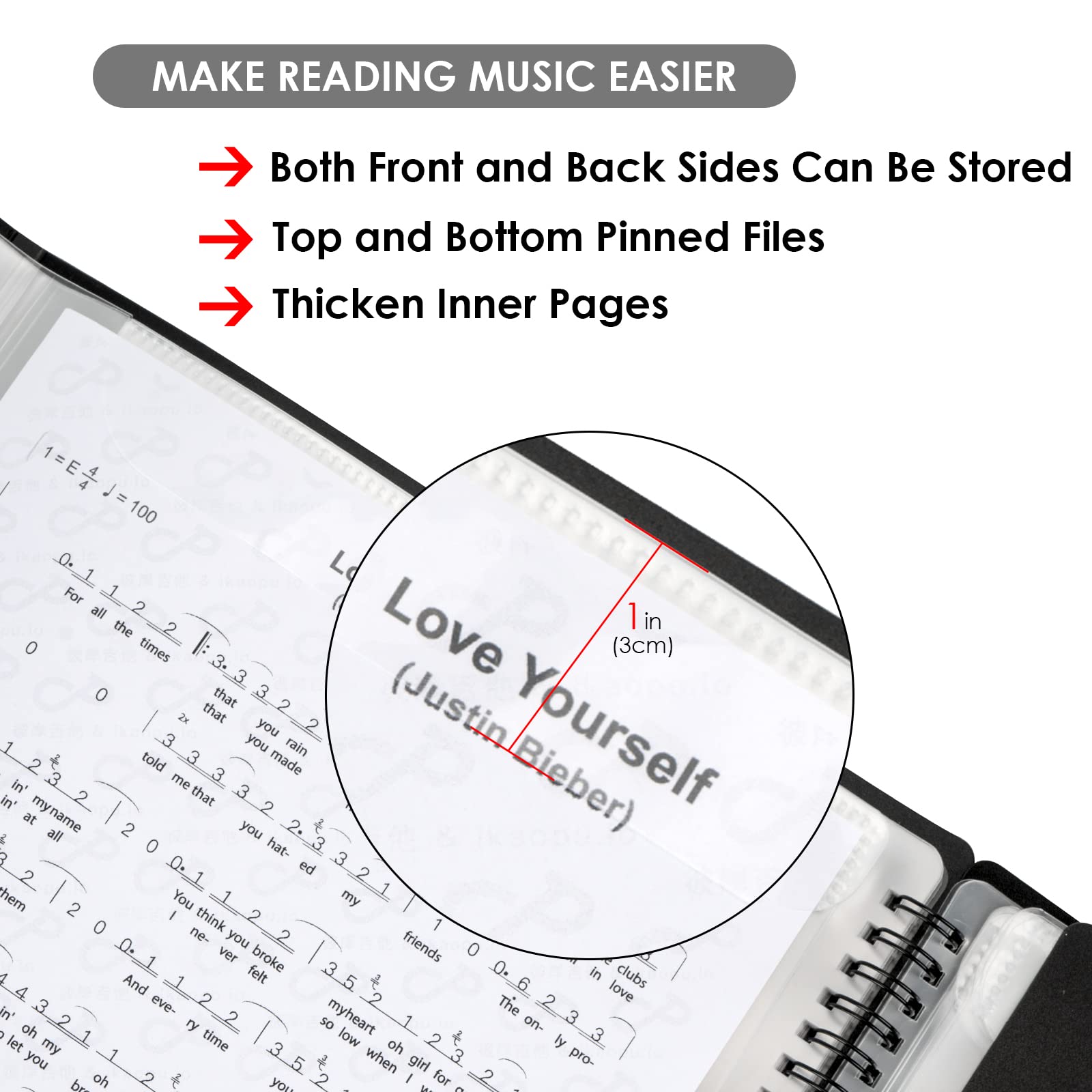 Musiin Sheet Music Folders Music Binder 4 Pages Expand Spiral-Bound A4 Size 15 Sleeves 60 Pockets Music Folder Organizer (Black) - Image 2
