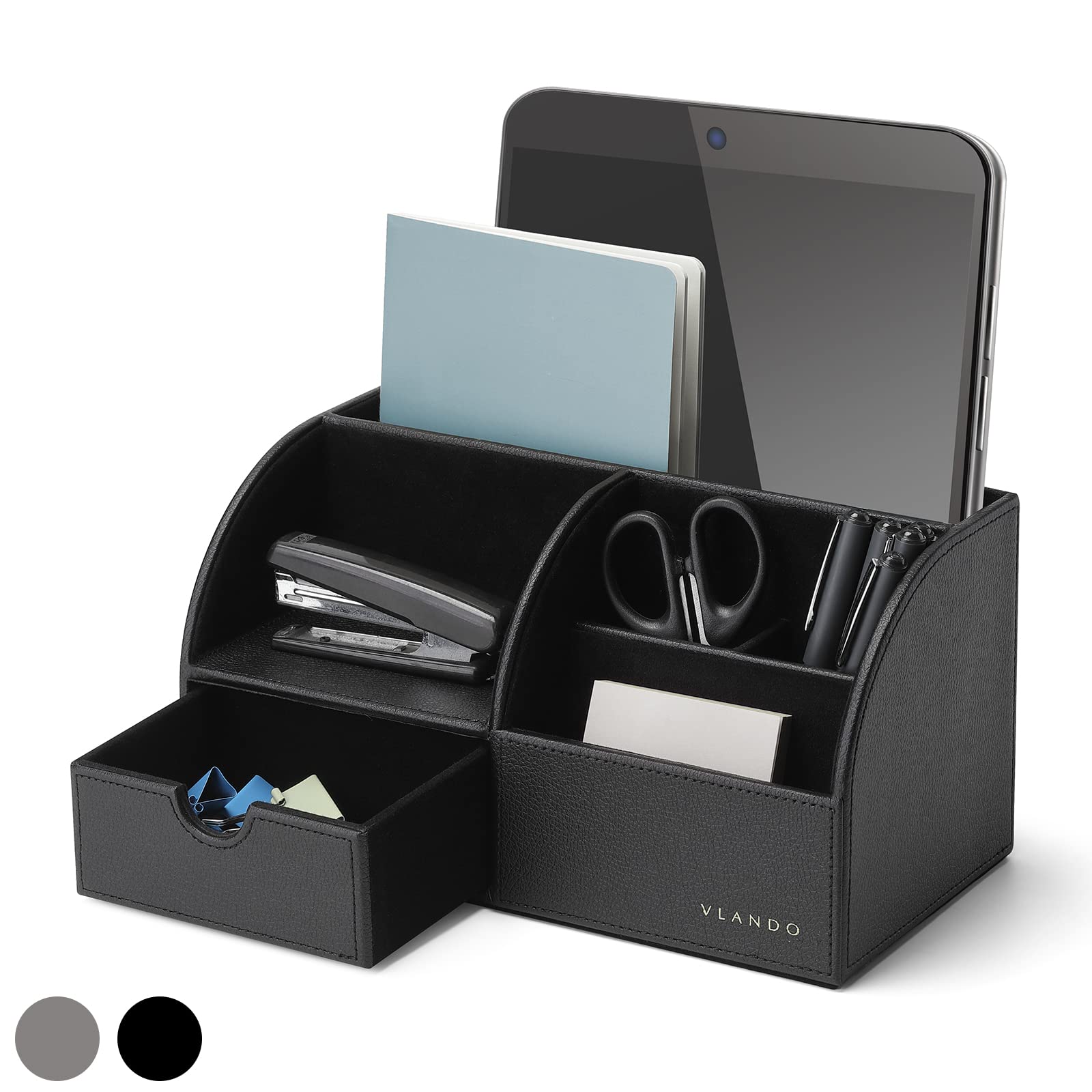 VLANDO Desk Organizer with Drawer, Leather Office Storage Caddy, Black A.Black