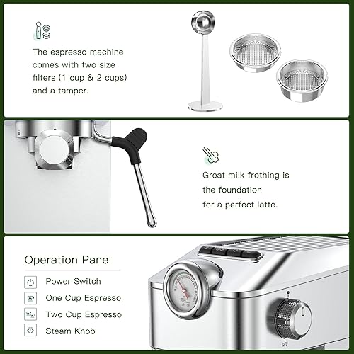 Miniatura 7 de MR - Máquina de café expreso, 20 bares, de acero inoxidable, máquina de café para el hogar u oficina con tanque de agua extraíble, cuchara medidora,