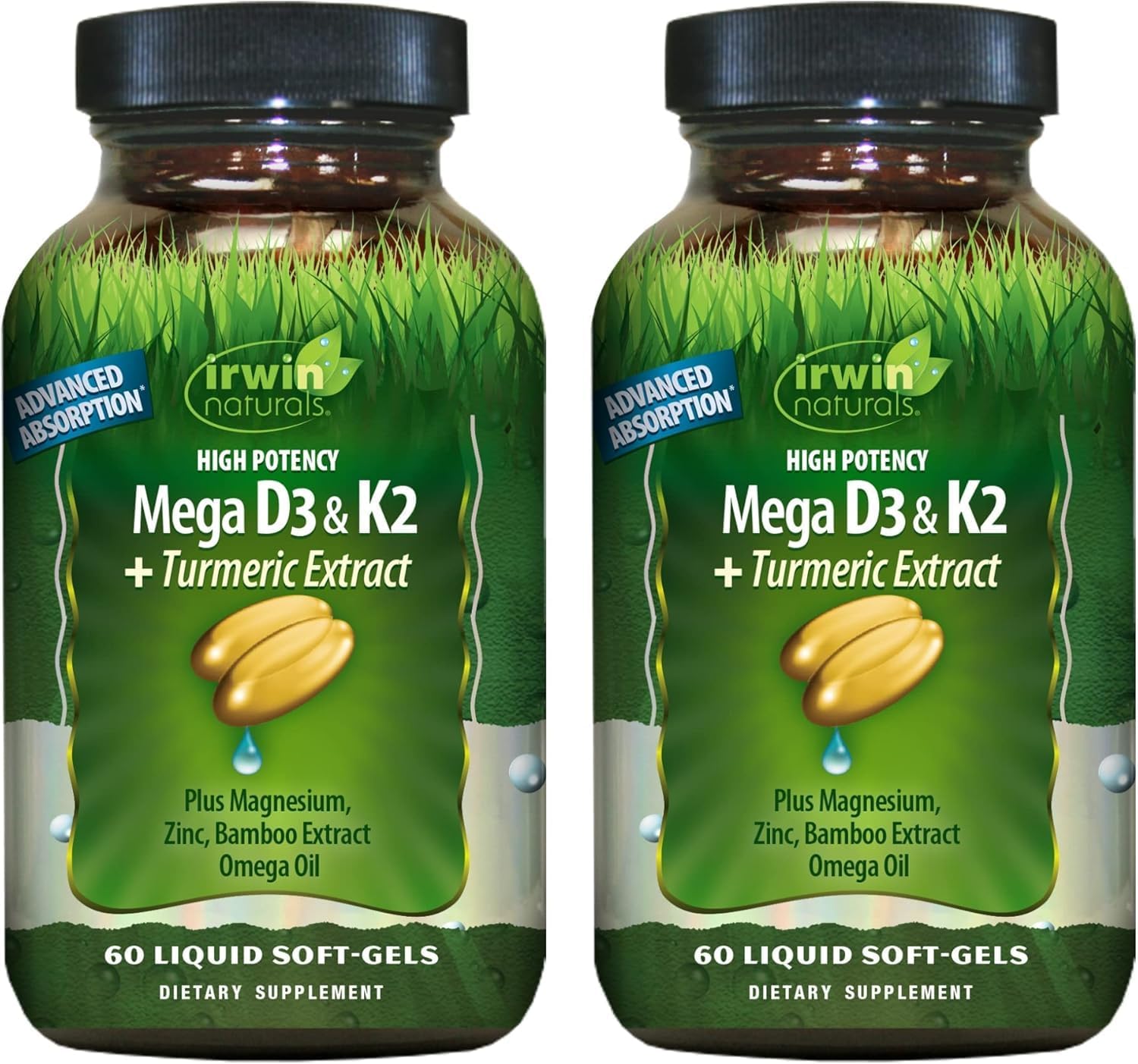 Irwin Naturals High Potency Mega D3 & K2 + Turmeric Extract — 60 Liquid Soft-Gels - 2 Pack