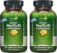 Vista 1 de Irwin Naturals Mega D3 y K2 de alta potencia + extracto de cúrcuma, 60 geles blandos líquidos, paquete de 2