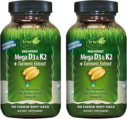 Irwin Naturals Mega D3 y K2 de alta potencia + extracto de cúrcuma, 60 geles blandos líquidos, paquete de 2