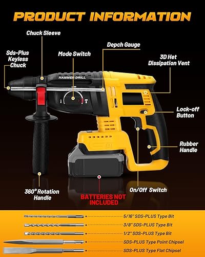 Miniatura 2 de Taladro de martillo SDS inalámbrico para batería Dewalt 20V MAX, taladro de martillo giratorio sin escobillas con embrague de seguridad para
