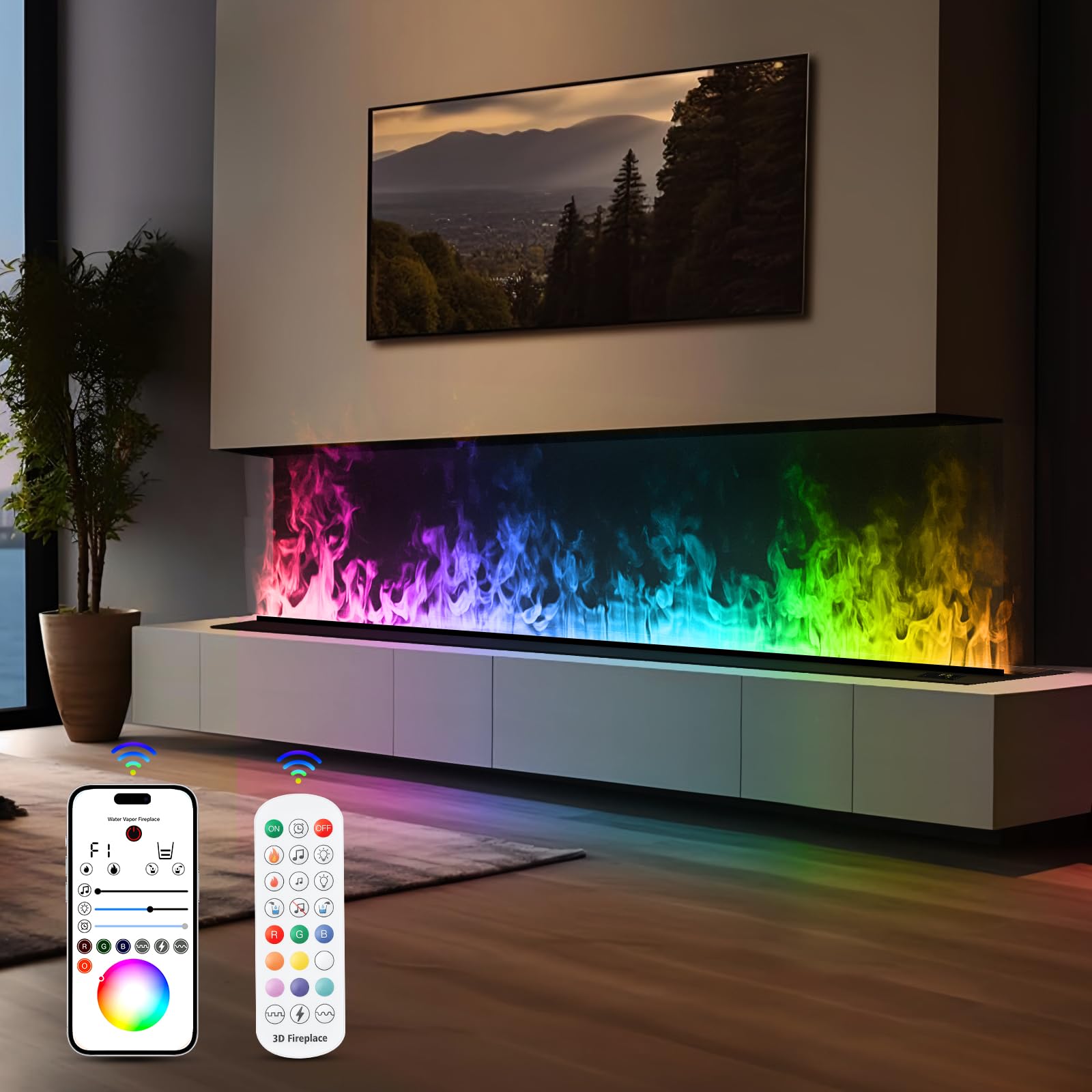 Camino a vapore, camino elettrico, camino elettrico da incasso, effetto fiamma 3D a 9 colori, camino con telecomando APP [100cm, Nessun calore.]