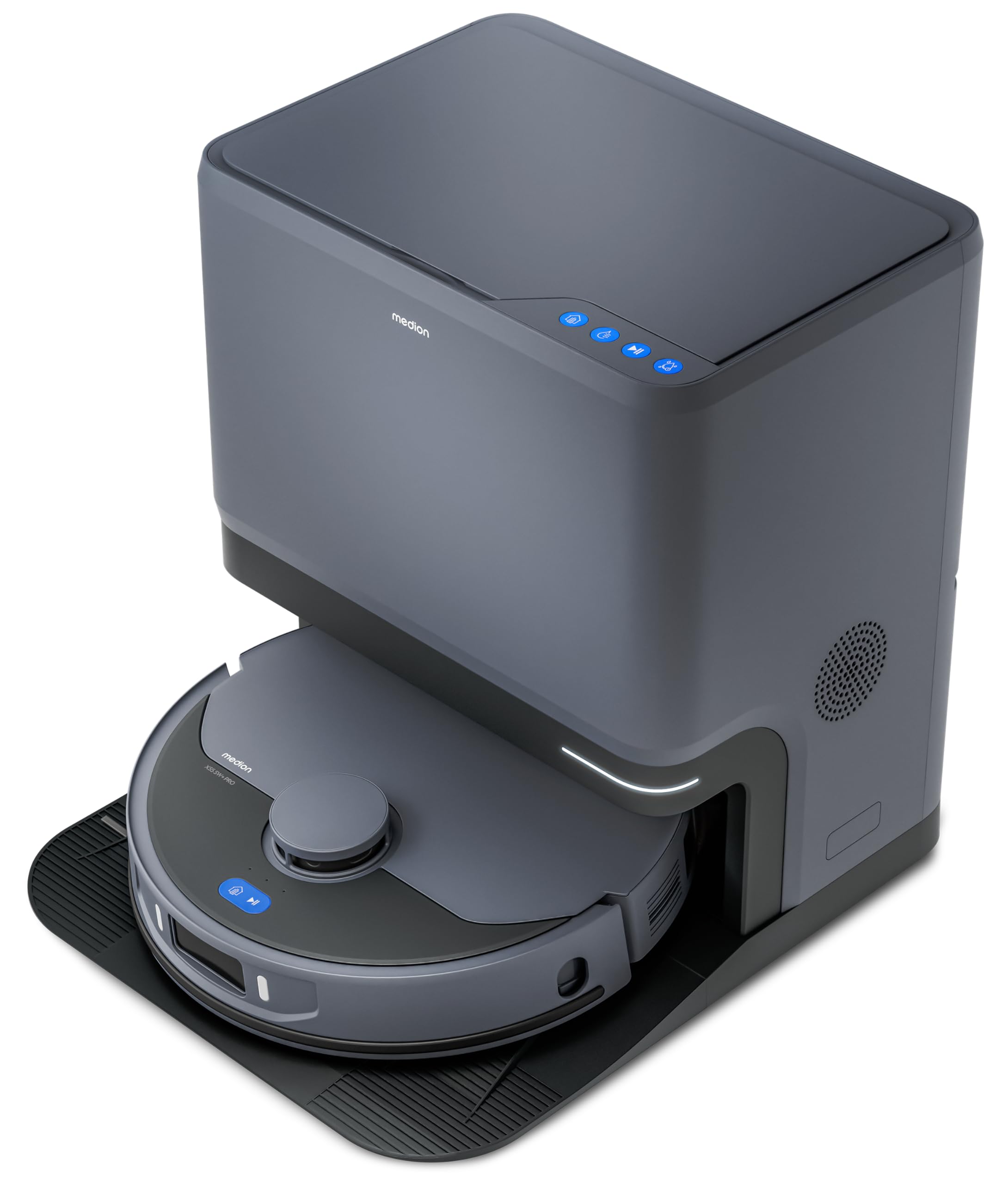 MEDION Saugroboter mit 3-in-1 Absaugstation, Lasernavigation und Wischfunktion X55 SW+ Pro (Starke 10000Pa Saugkraft, 2in1 Roboterstaubsauger, rotierende Wischmopps, Kreuzlinienlaser)