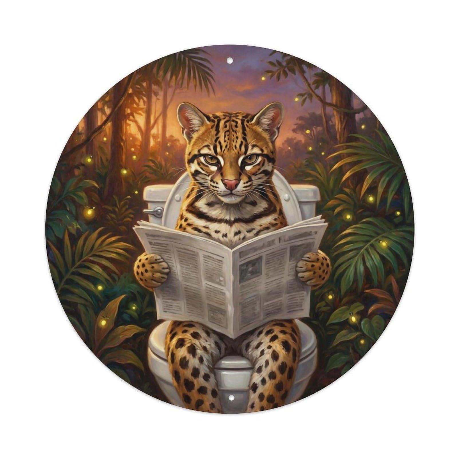 Ocelot On Toilet Humorous Bathroom Tropical Dusk Reads Metal Tin Sign