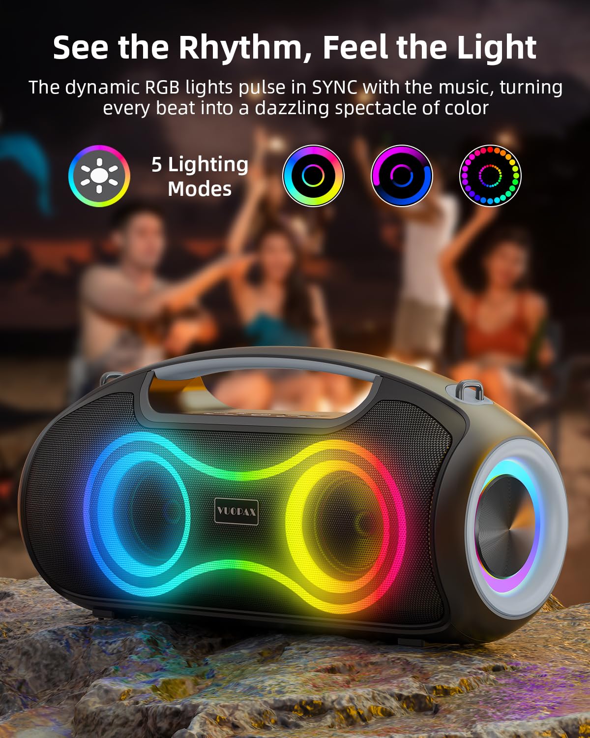 Bluetooth Lautsprecher, (180W Peak) Tragbarer Musikbox mit RGB Lichter, Party Boom box, 2+2 Channel, Boost Bass, IP65 Wasserdicht, 24H, USB-C, EQ, BT 5.3, für Outdoor, Camping, Strand und Garten