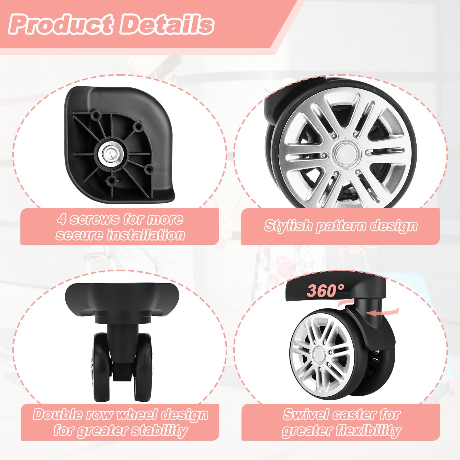 2 Paia Ruote Trolley Ricambio Rigide,Rotelle Scorta Valigie Universali,Ruota Valigia Girevoli Mute Doppia Fila,Rulli Bagagli Resistenti Rotazione 360°,Kit Sostituzione Riparazione per Custodia Viaggio