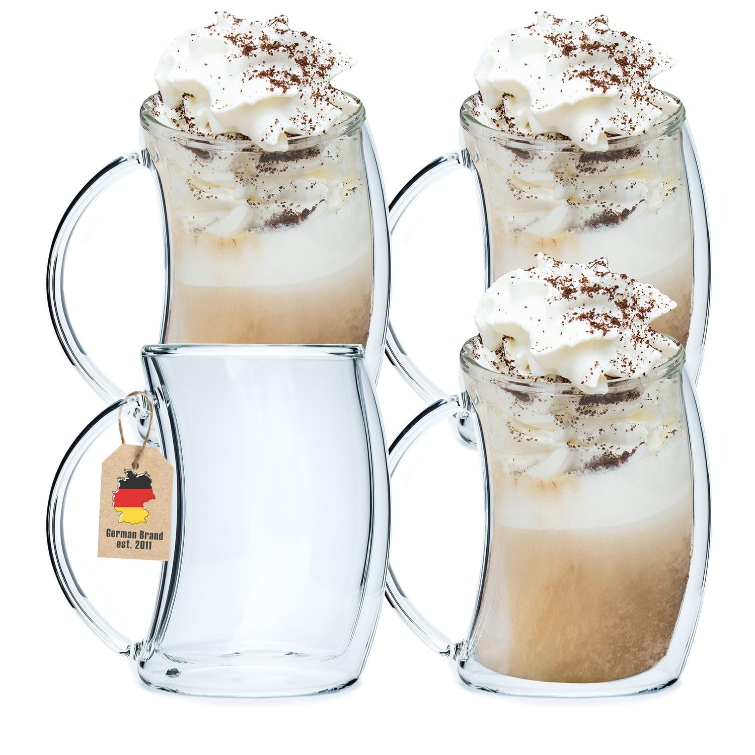 INTIRILIFE 4x bicchiere termico a doppia parete - stile curvo - capacità 200ml - effetto galleggiante, soffiato a bocca e isolato per latte macchiato, come bicchiere da tè o da caffè con Henkell