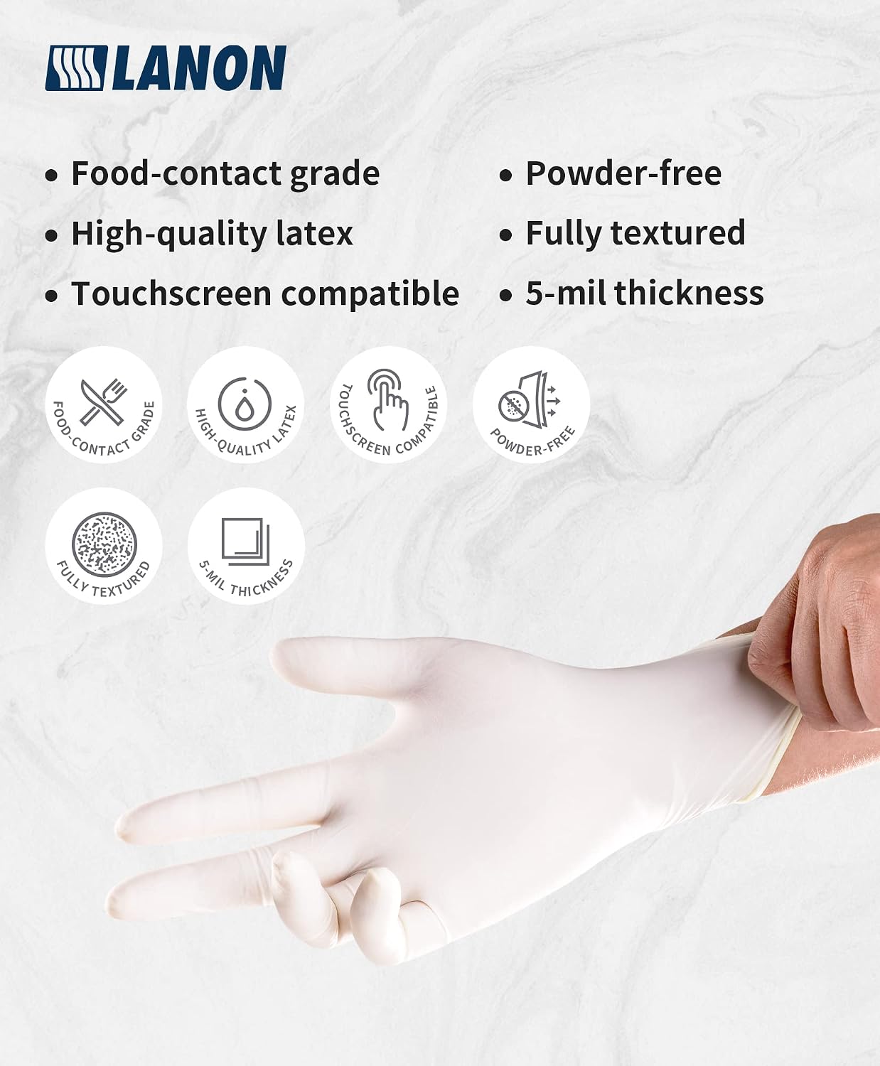 LANON 5 mil Latex Disposable Gloves, Food-Contact Grade, Powder-Free, Fully Textured, White, Medium