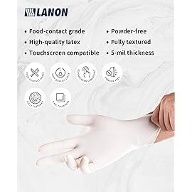 LANON 5 mil Latex Disposable Gloves, Food-Contact Grade, Powder-Free, Fully Textured, White, Small