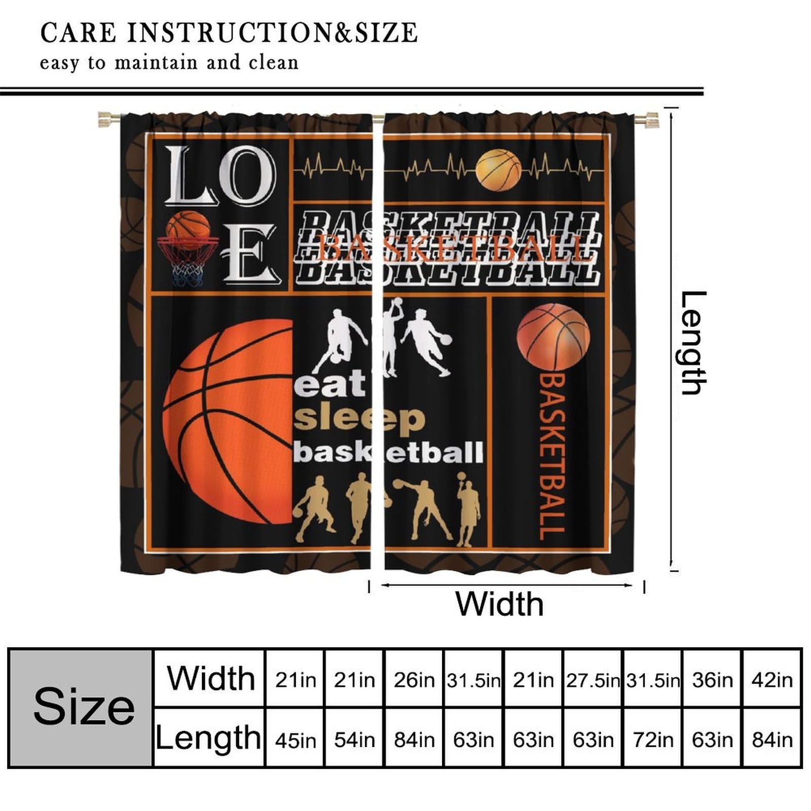 Basketball Curtains, Sports Ball Game Basketball Player Gaming Print Window Treatments, Rod Pocket Thermal Insulated Drapes 2 Panel Sets for Boys Girls Bedroom Living Room, 42