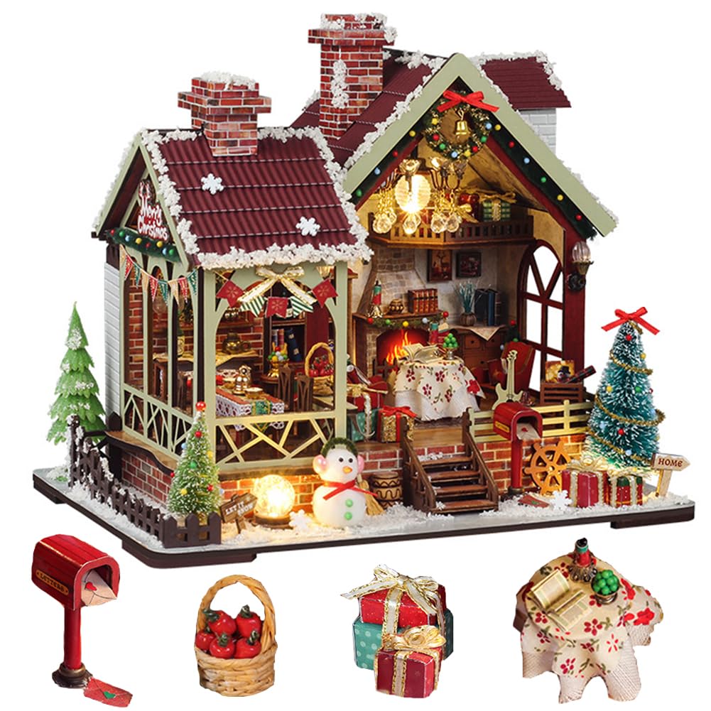 TOPBSFARNY DIY Miniature Dollhouse with Furniture and LED Lights, 3D Wooden Dollhouse Book Nook Kit Gifts for Halloween and Christmas (Style A)