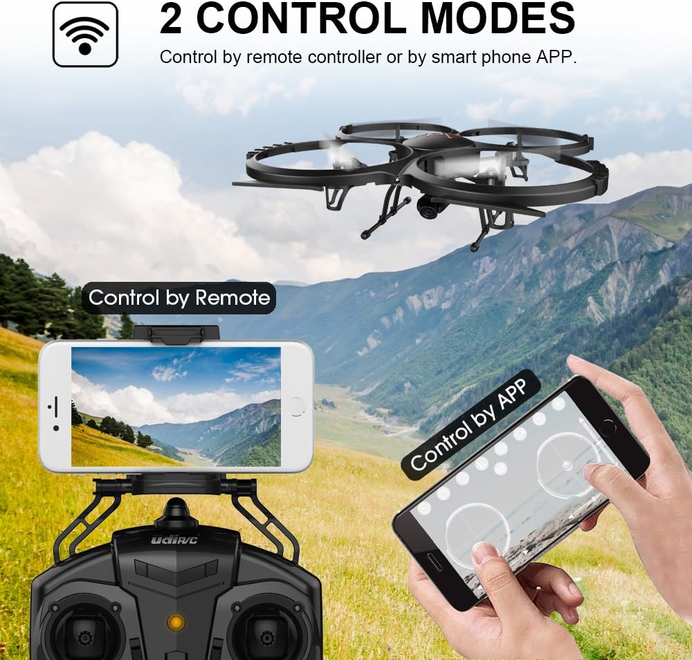 DBPOWER U818A Drone being controlled by both a physical remote and a smartphone app, illustrating the two control modes.