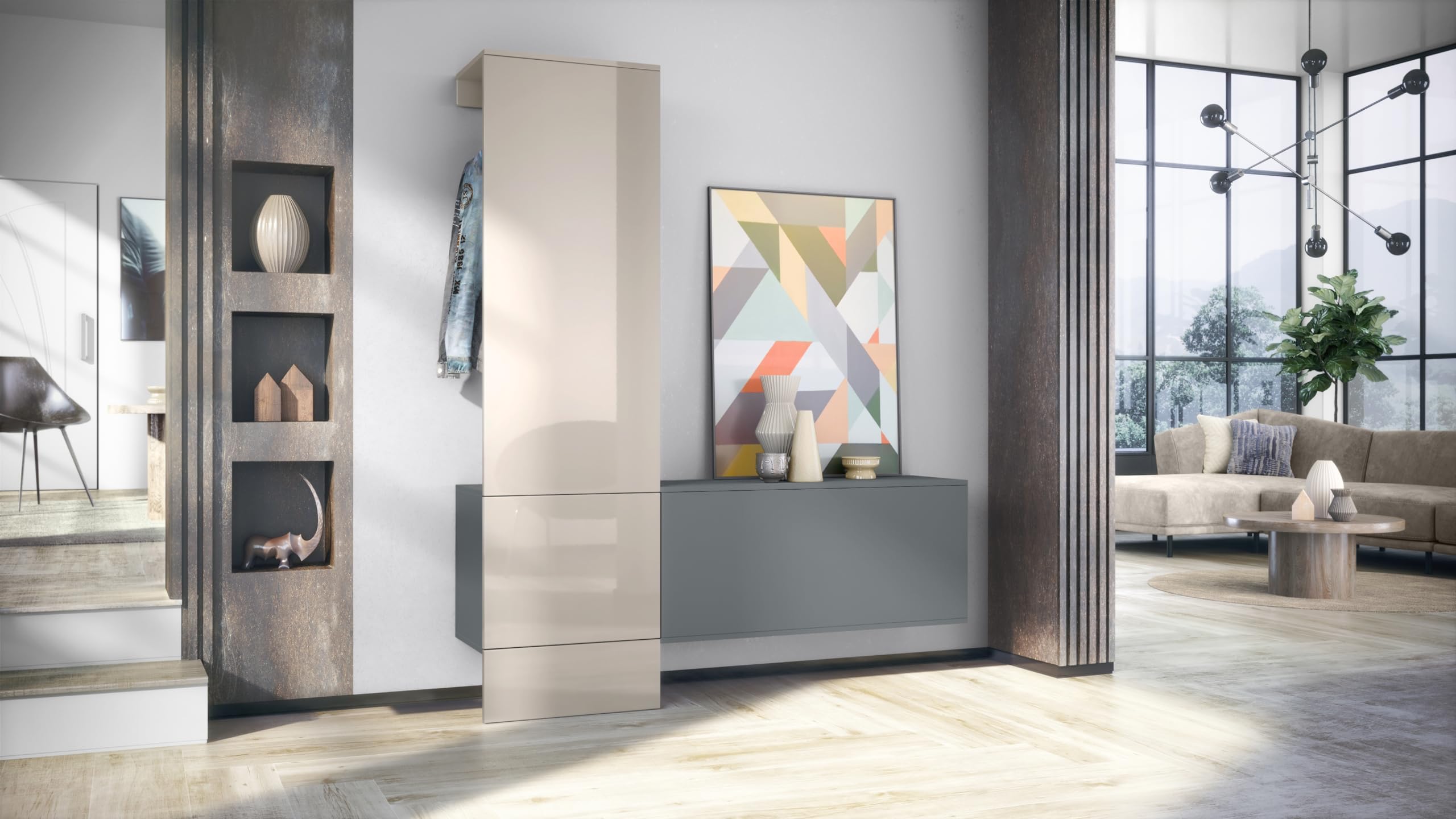 Vladon Garderobe Carlton Set 4 Wandgarderobe Hängeschrank Anthrazit matt Sandgrau Hochglanz 156,5 x 193 x 35 cm