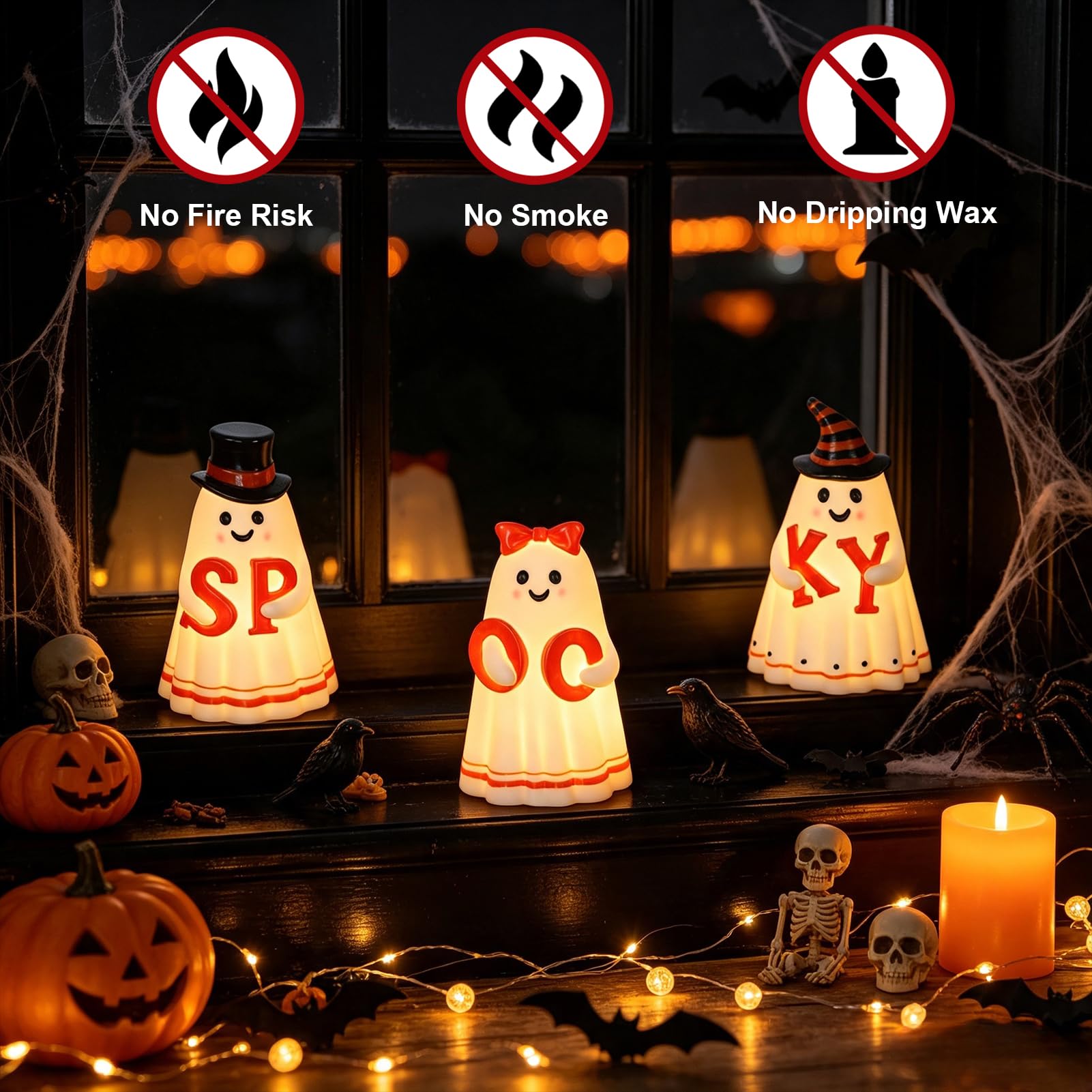 Wondise Candele senza fiamma spettrali di Halloween del fantasma con il | Candele fantasma a batteria in plastica, confezione da 3 candele per Halloween, decorazione da tavola regalo (D 8,6 cm x H