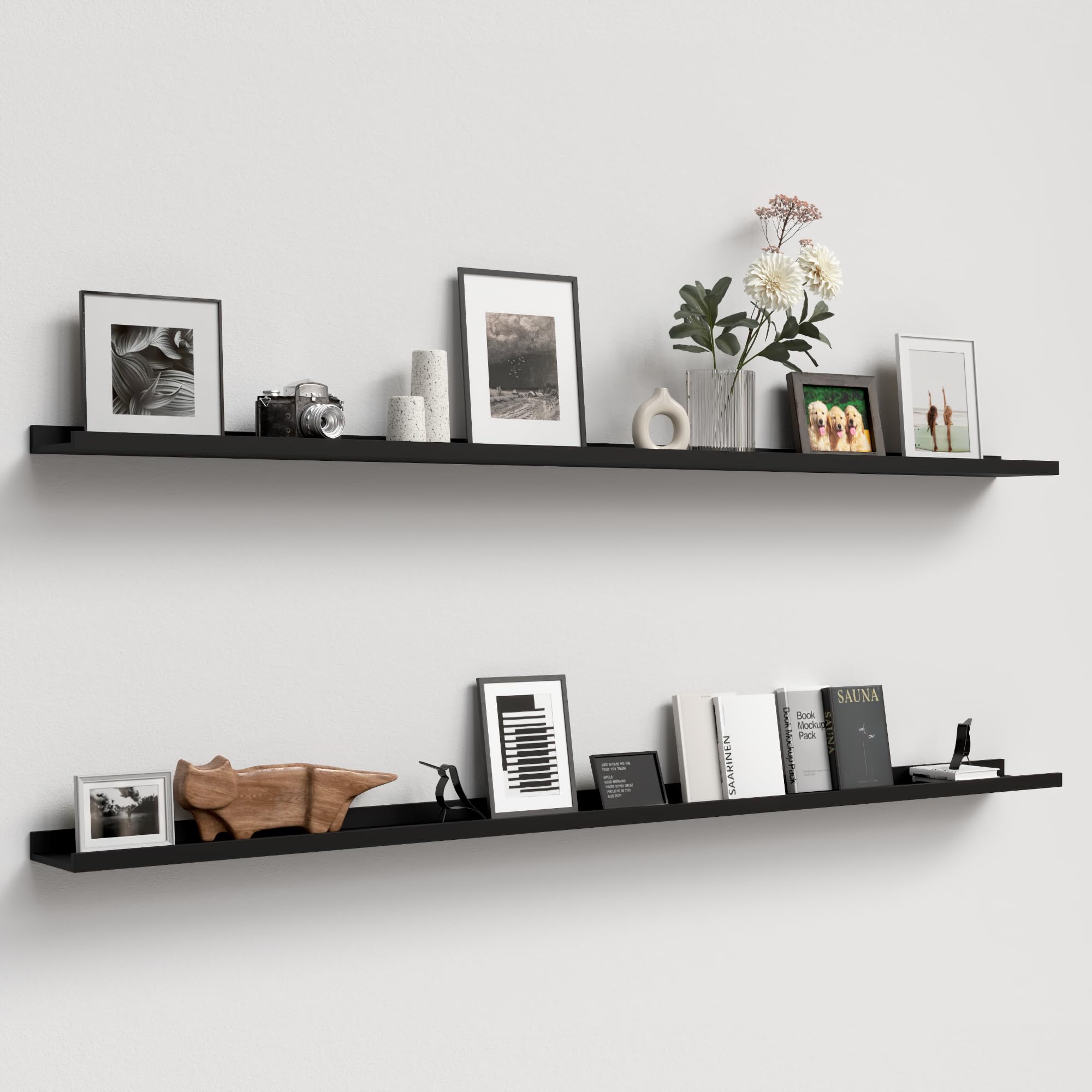 70.9 Inches Long Floating Shelves, 2 Set Modern Wall Shelf for Bedroom, Nursery Book Shelf with Lip, Picture Ledge Shelf for Wall Decor Living Room Bathroom Kitchen - Black