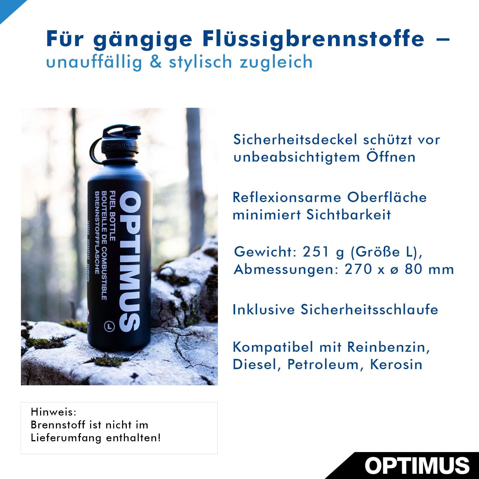 Optimus Brennstoffflasche 1,0 L für Campingkocher mit Flüssigbrennstoff (ohne Inhalt) | druckbeständig & leicht | mit kindersicherem Verschlussdeckel und Sicherungsschlaufe